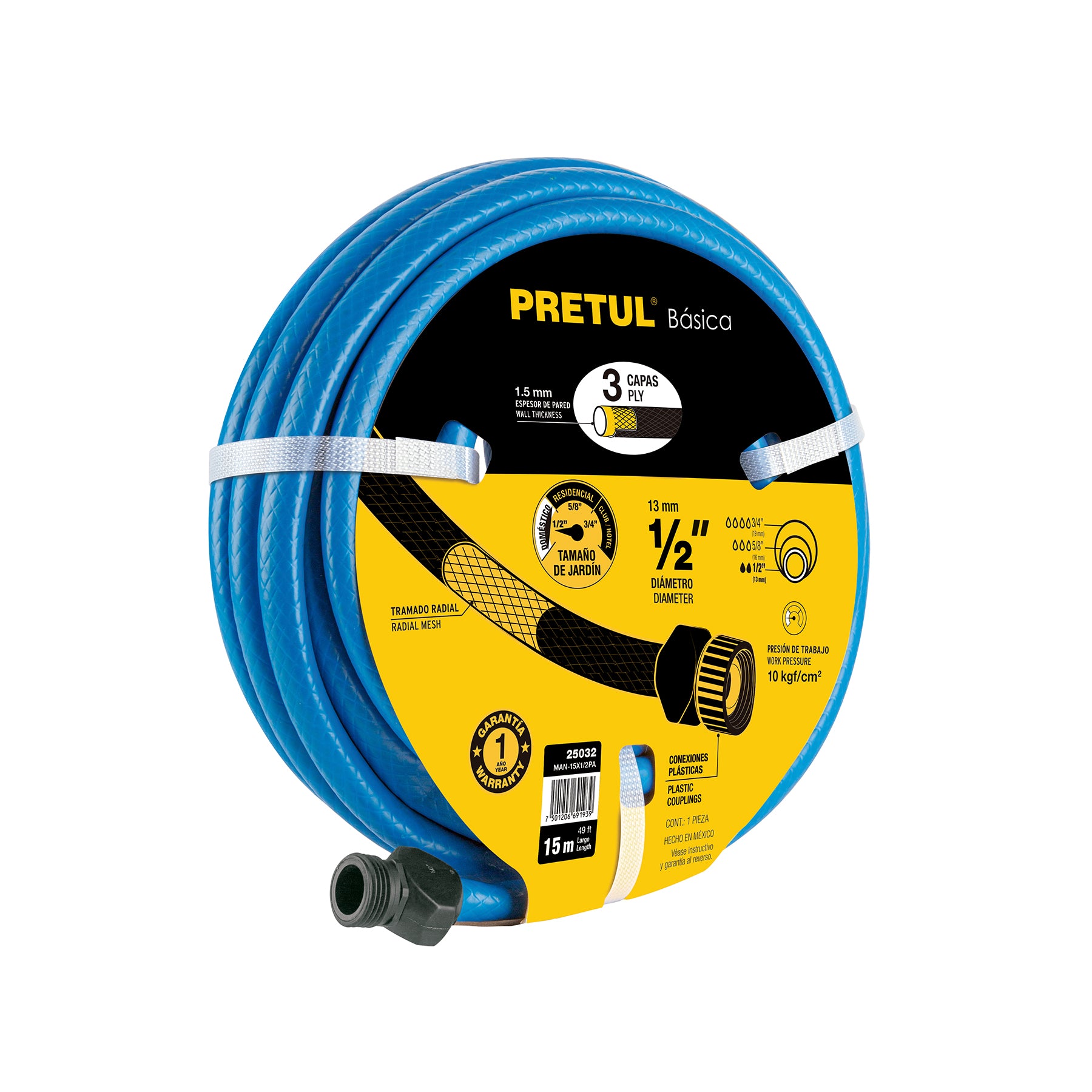 Manguera azul 1/2" 3 capas 15 m conexiones plásticas, Pretul