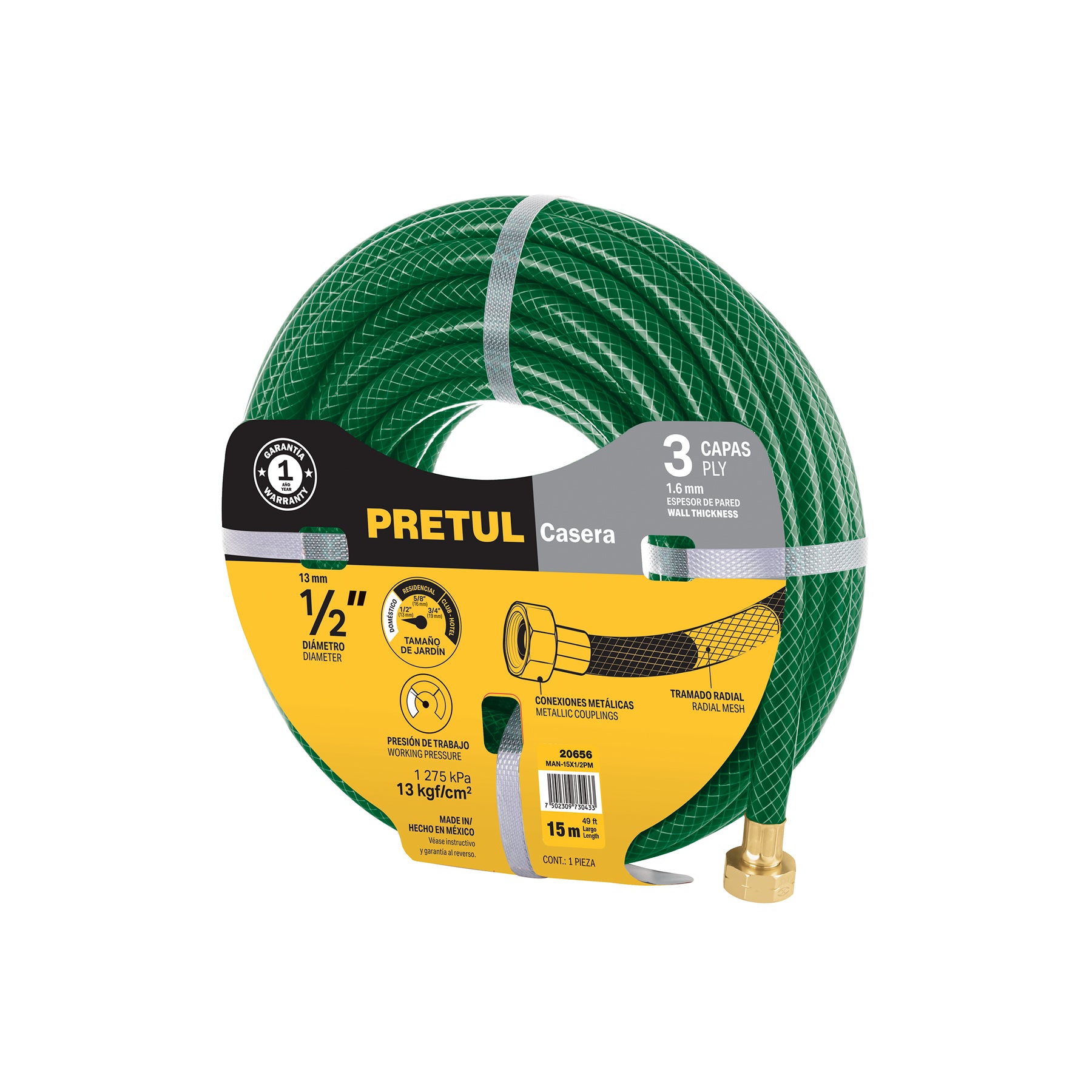 Manguera 1/2" reforzada 3 capas conexiones metal 15m, Pretul, MAN-15X1/2PM, 20656