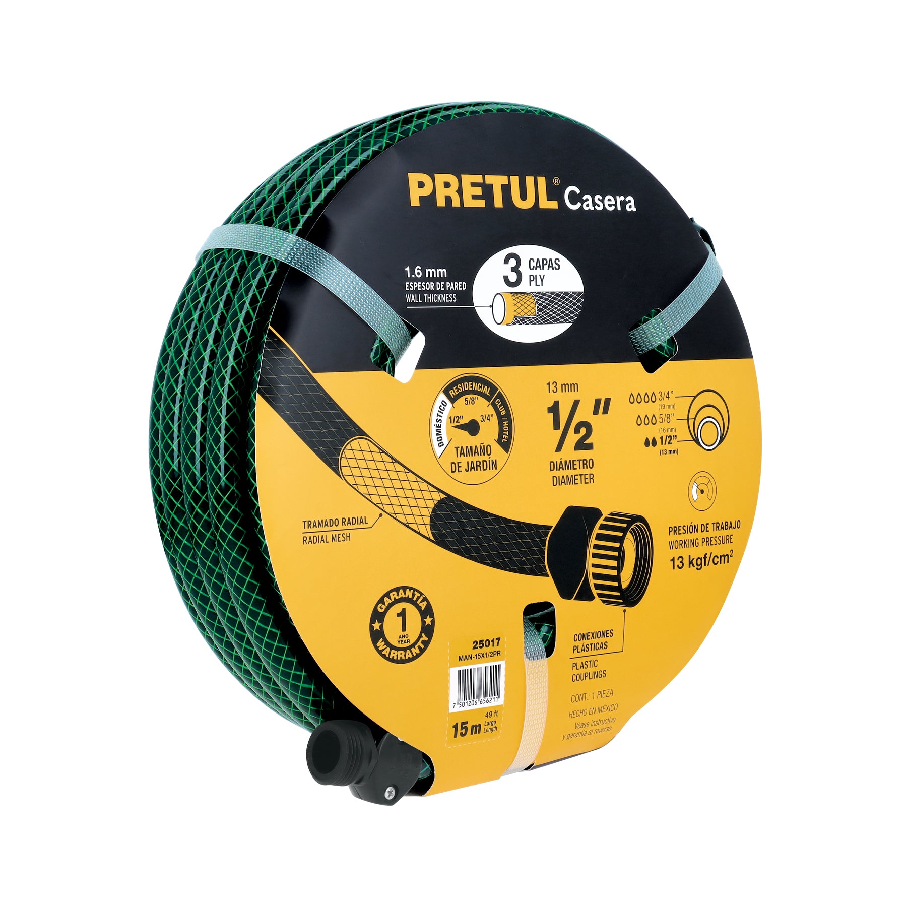 Manguera 1/2" reforzada 3 capas 15m conexiones plást, Pretul