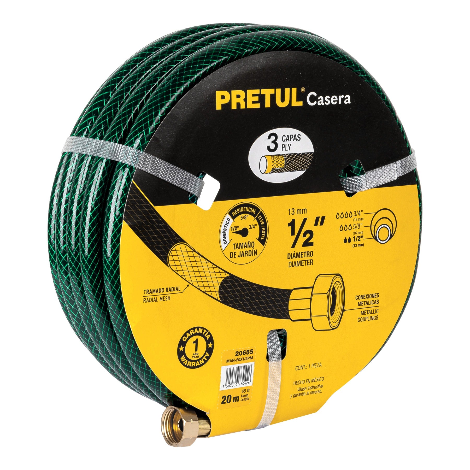 Manguera 1/2" reforzada 3 capas conexiones metal 20m, Pretul, MAN-20X1/2PM, 20655