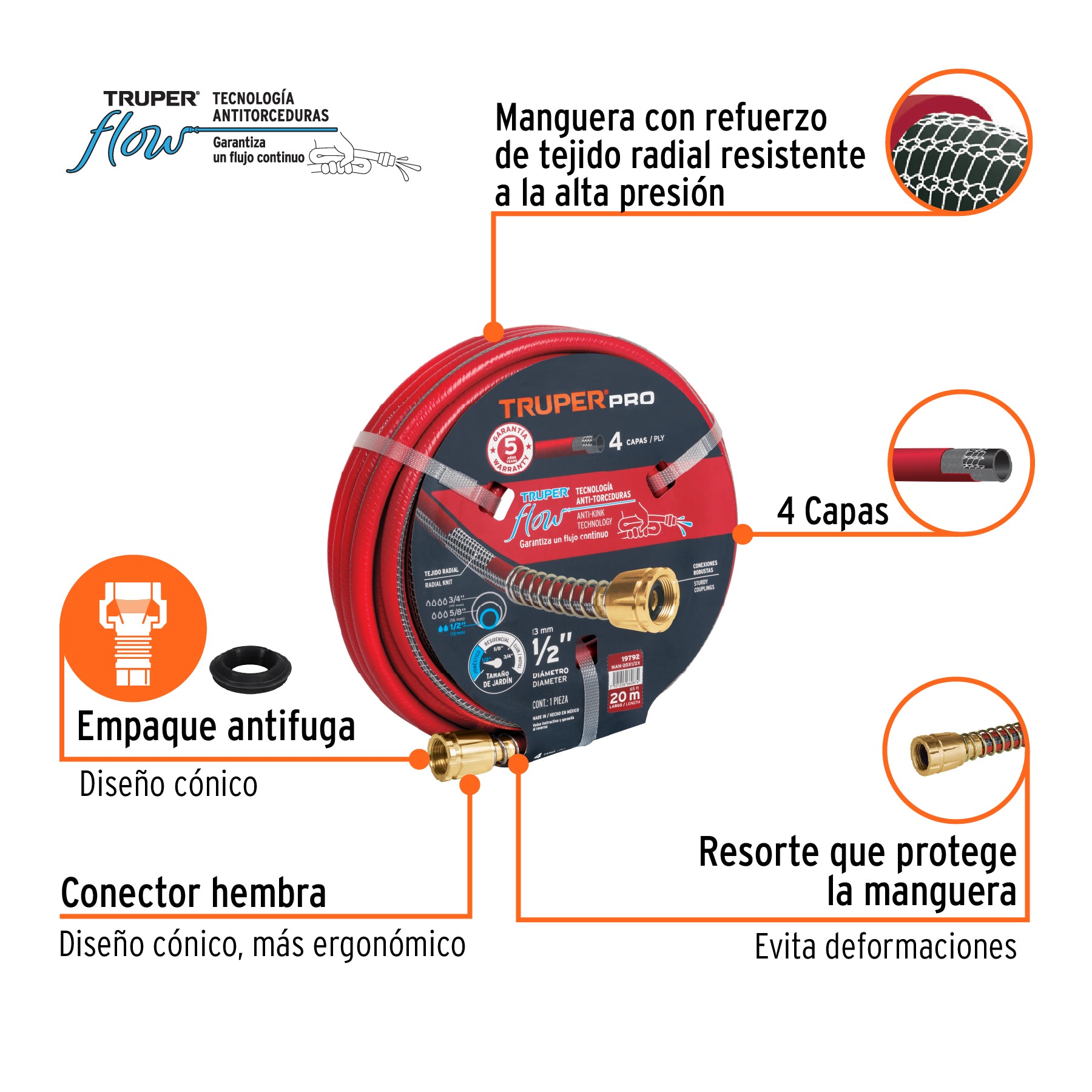 Manguera 1/2' super reforzada 4 capas 20 m conexiones†metal