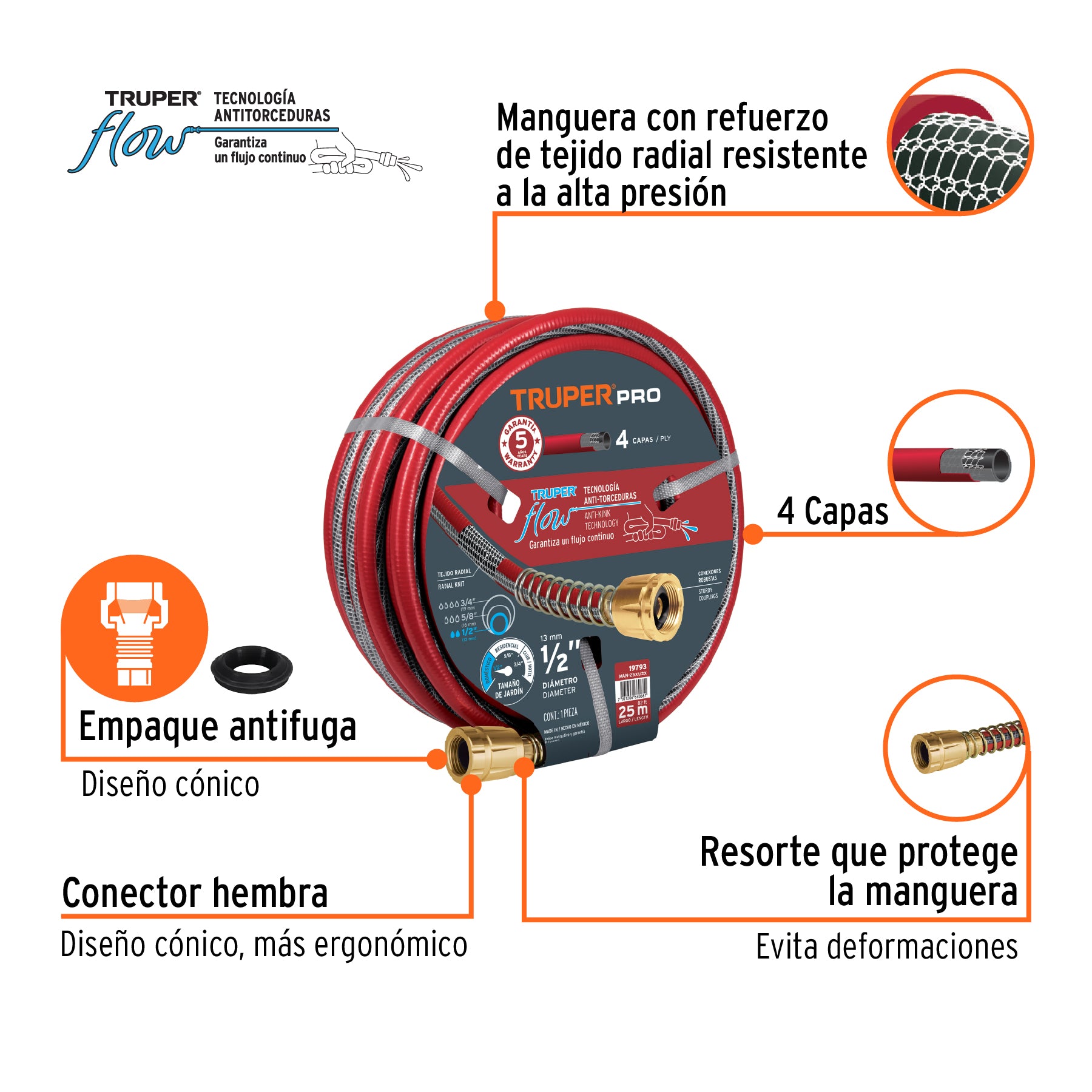 Manguera 1/2' super reforzada 4 capas 25 m conexiones†metal