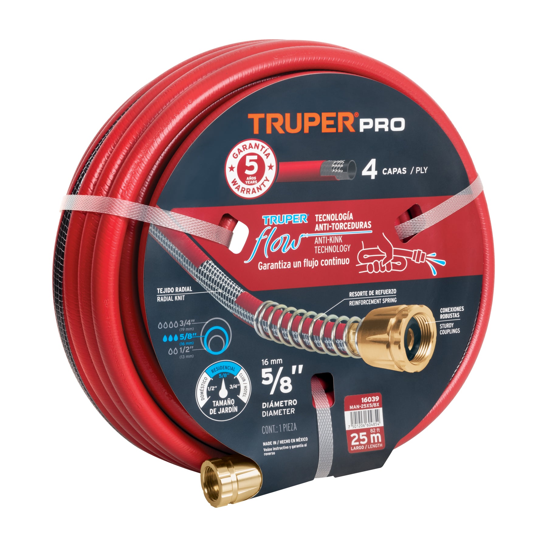 Manguera 5/8" super reforzada 4 capas 25 m conexiones metal