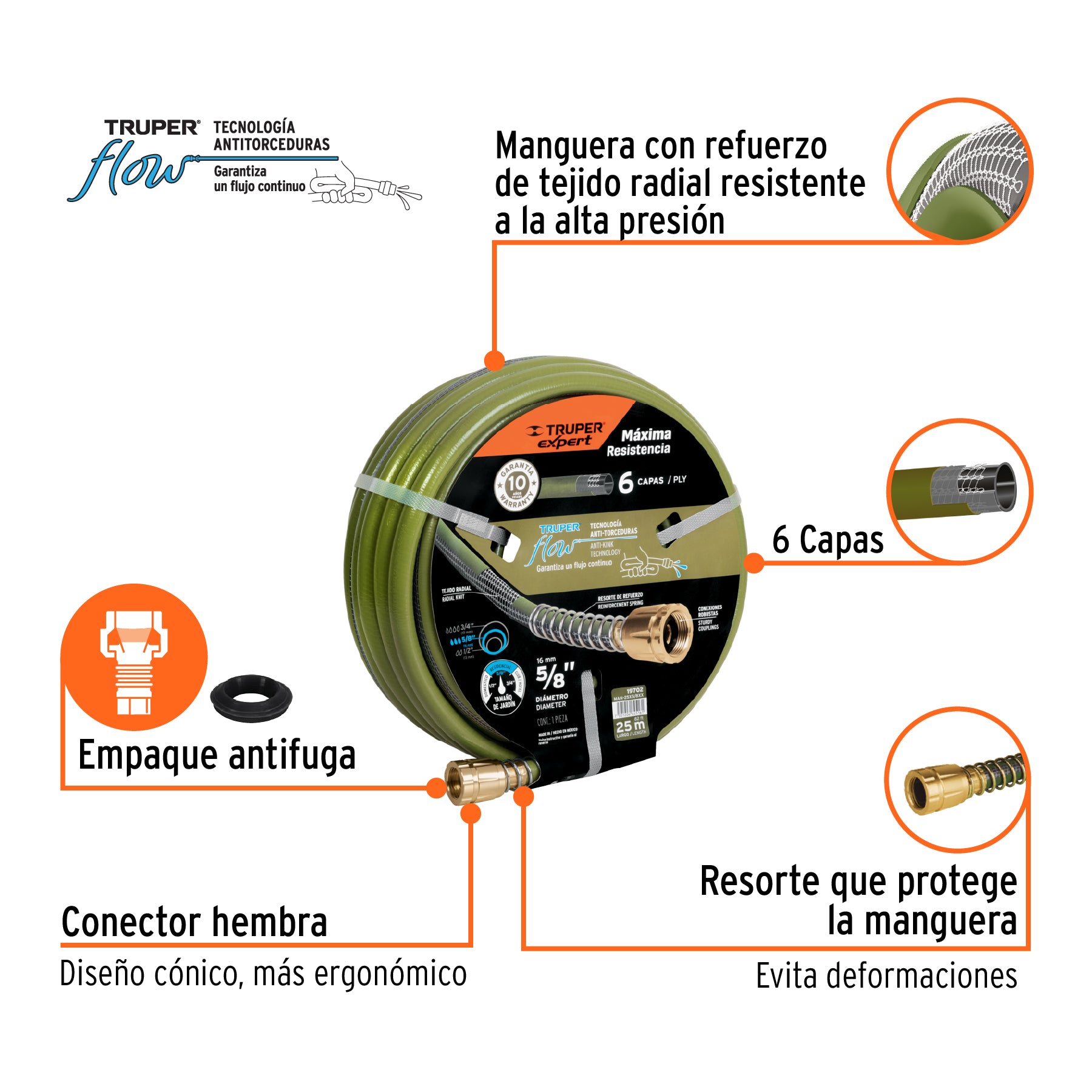 Manguera 5/8" anti-torceduras 6 capas 25m conexiones de metal