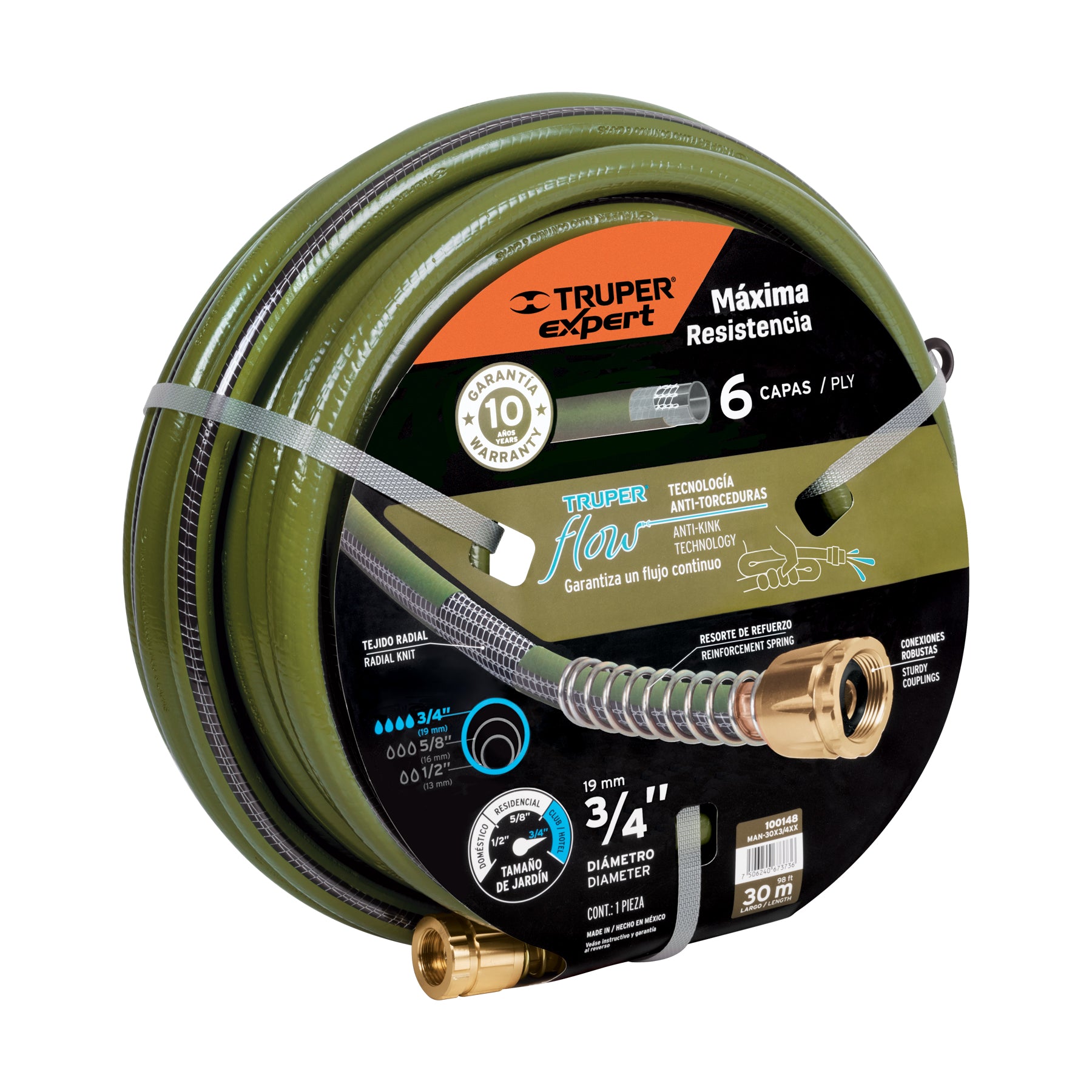 Manguera 3/4" anti-torceduras 6 capas 30m conexiones de metal