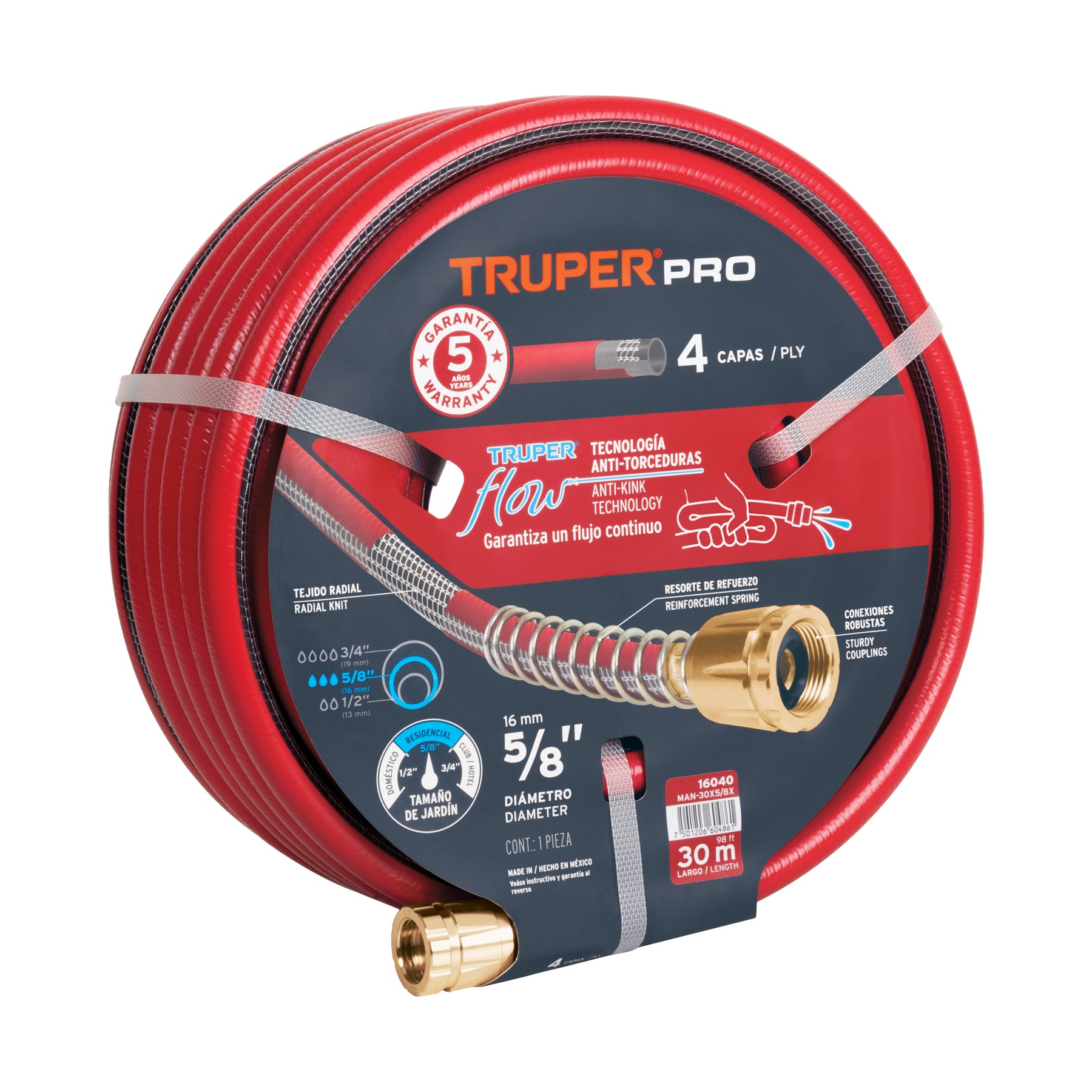 Manguera 5/8" super reforzada 4 capas 30 m conexiones metal