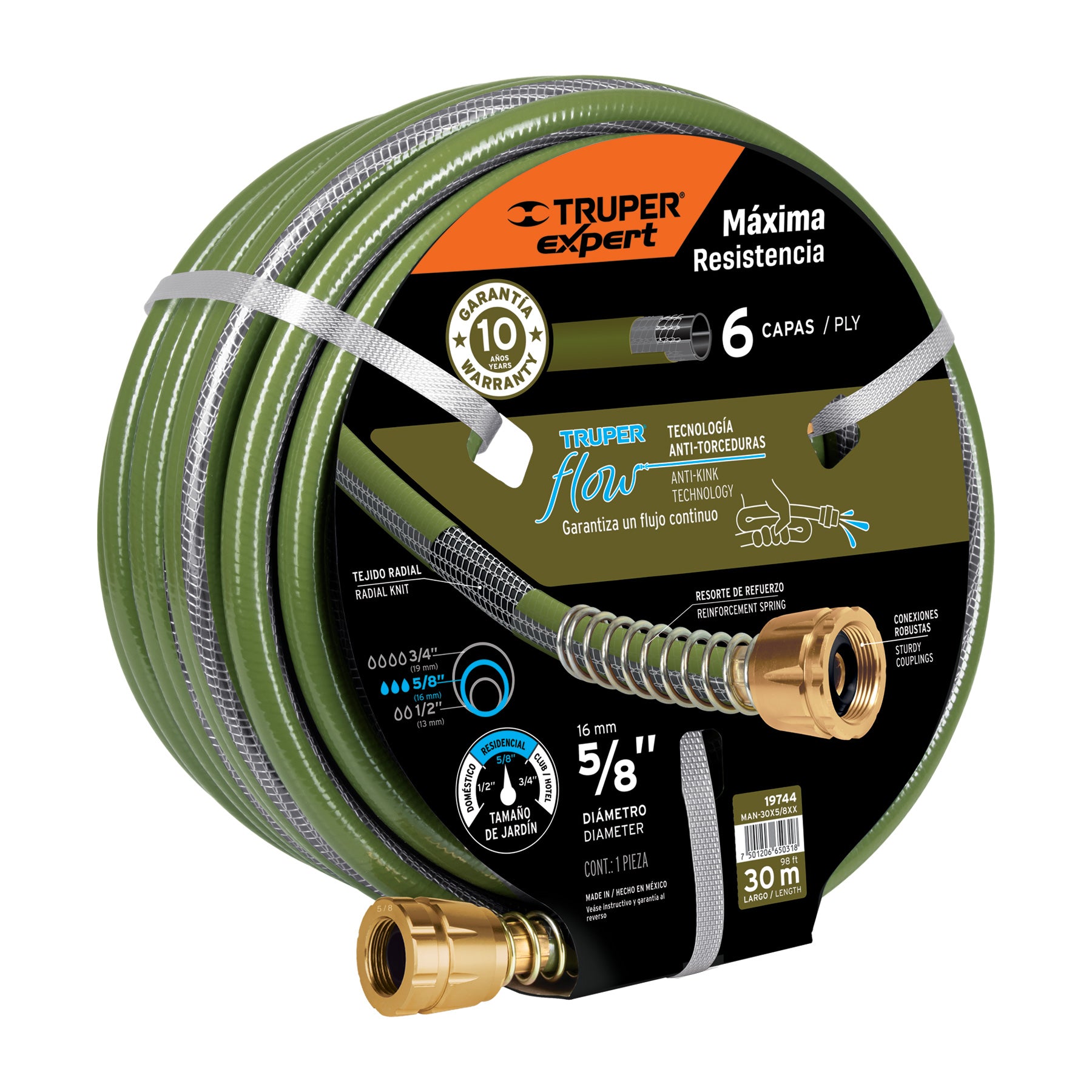 Manguera 5/8" anti-torceduras 6 capas 30m conexiones de metal