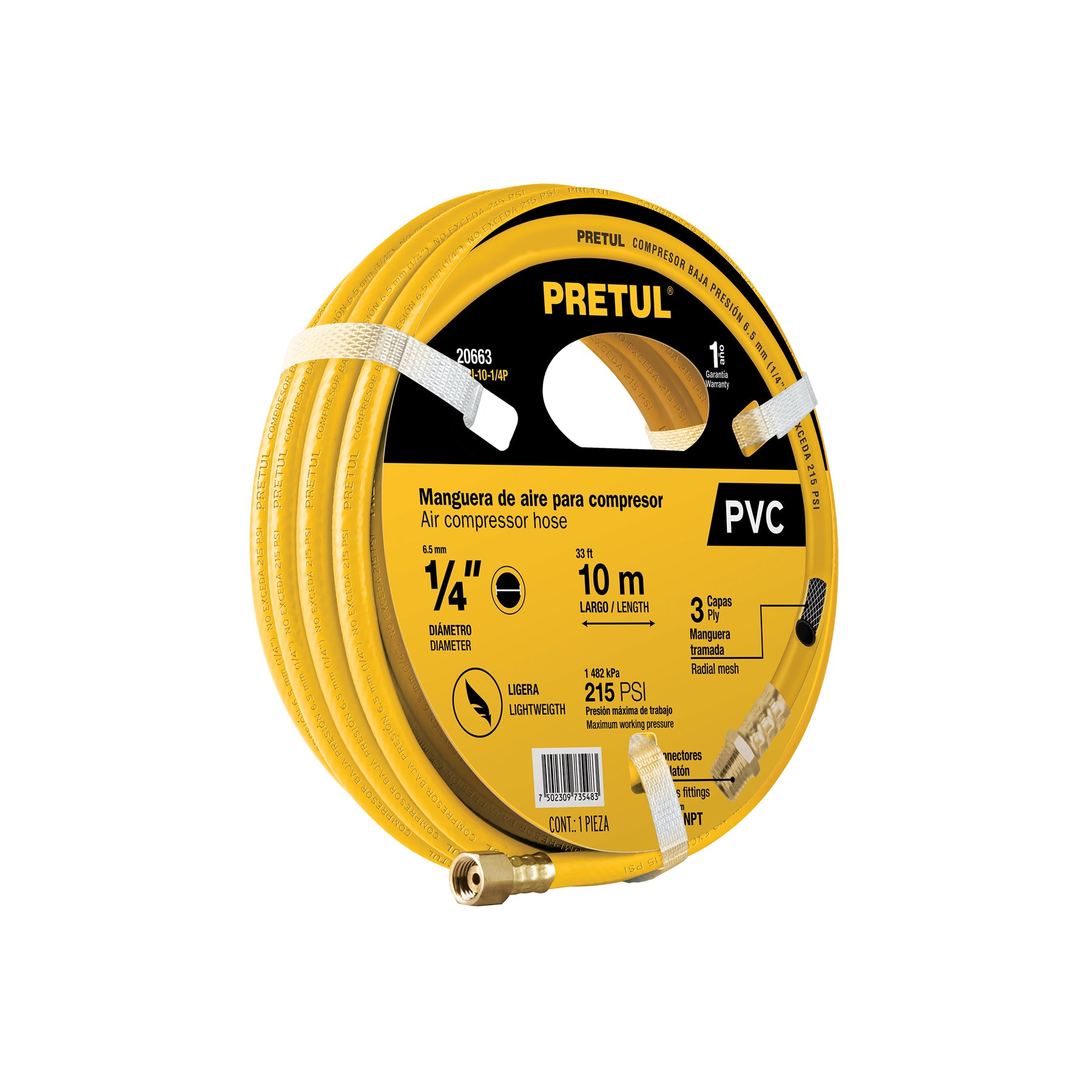 Manguera para compresor, de PVC, 10m x 1/4", Pretul, MAN-PI-10-1/4P, 20663