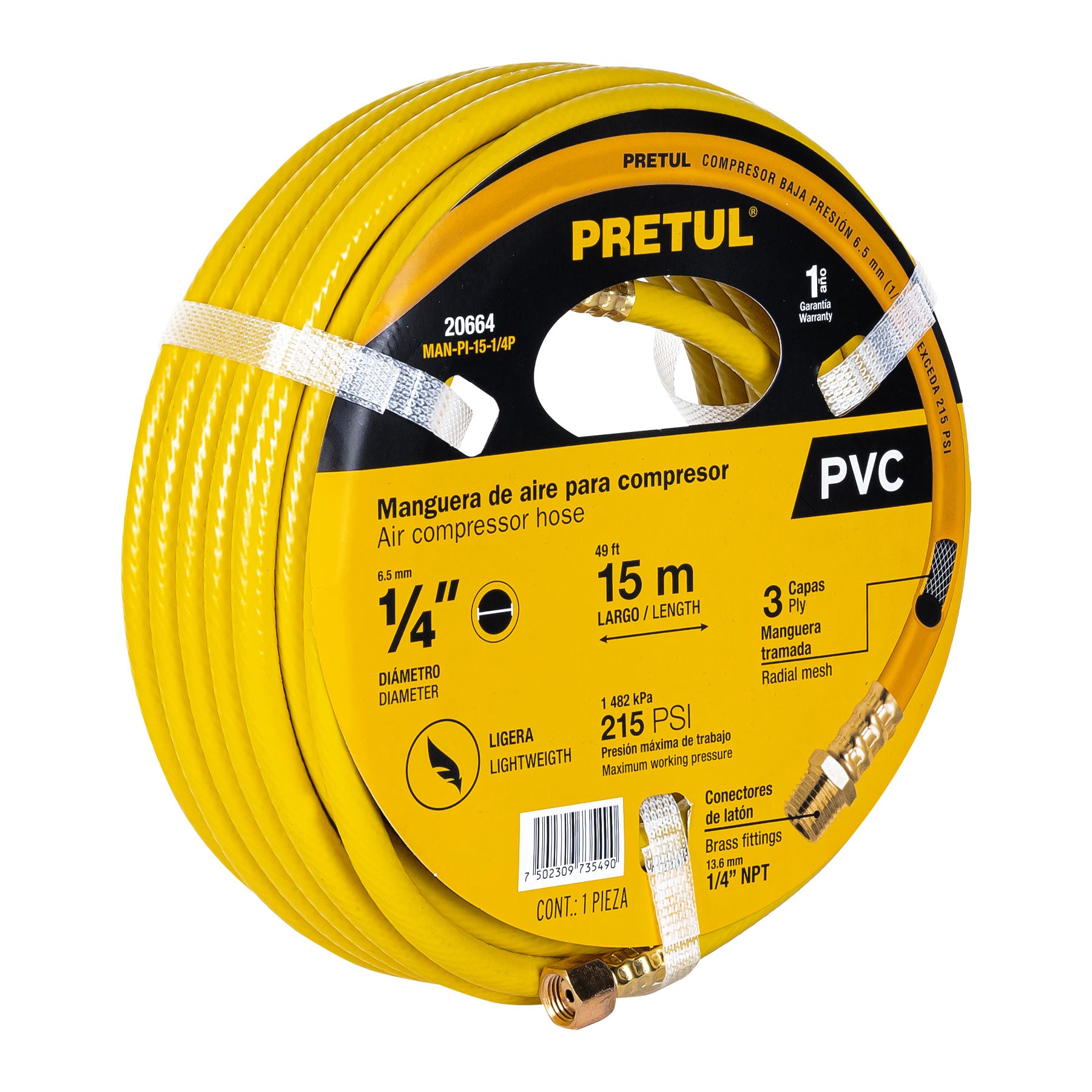 Manguera para compresor, de PVC, 15m x 1/4", Pretul, MAN-PI-15-1/4P, 20664