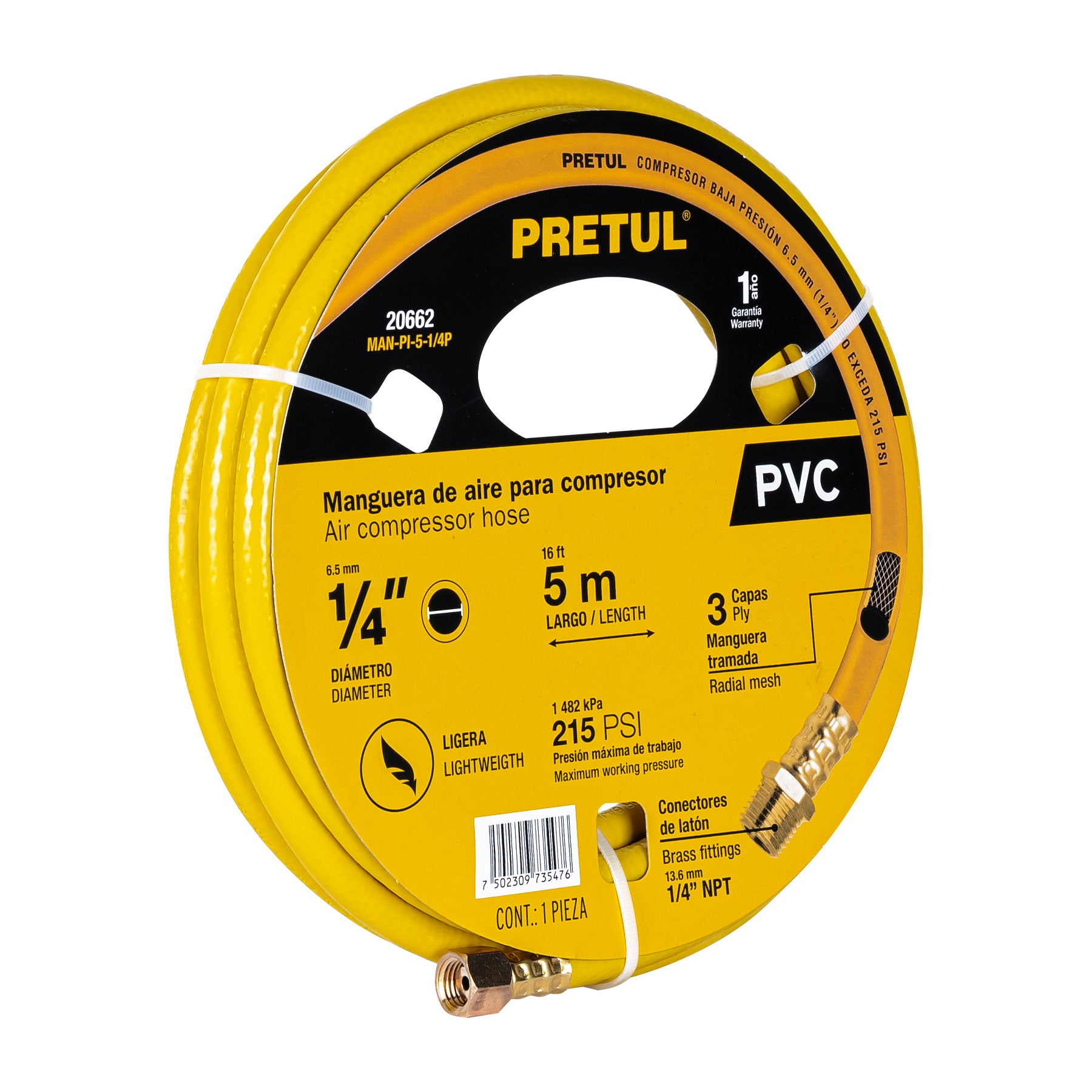 Manguera para compresor, de PVC, 5m x 1/4", Pretul, MAN-PI-5-1/4P, 20662