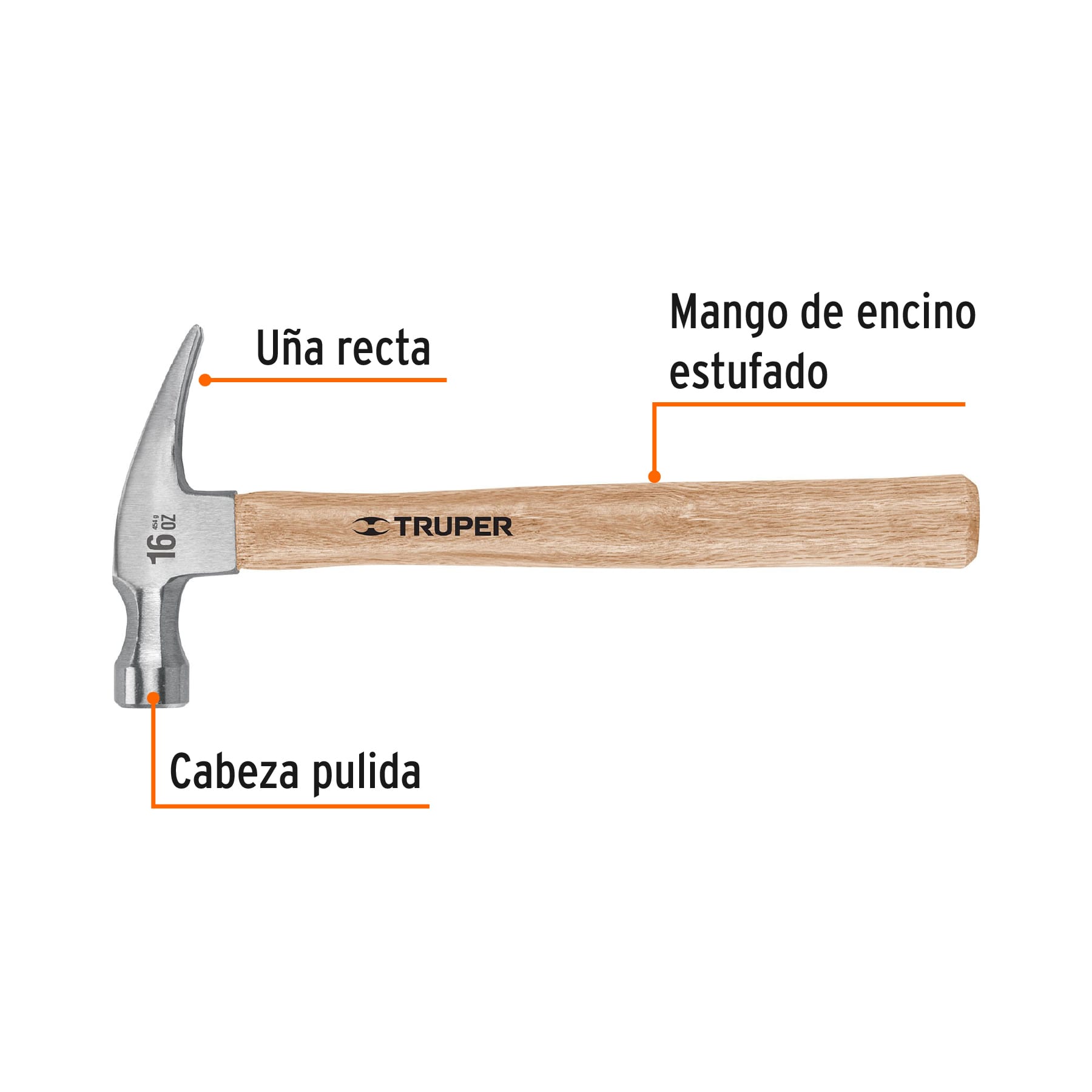 Martillo pulido, 16 oz, uña recta, mango madera, Truper