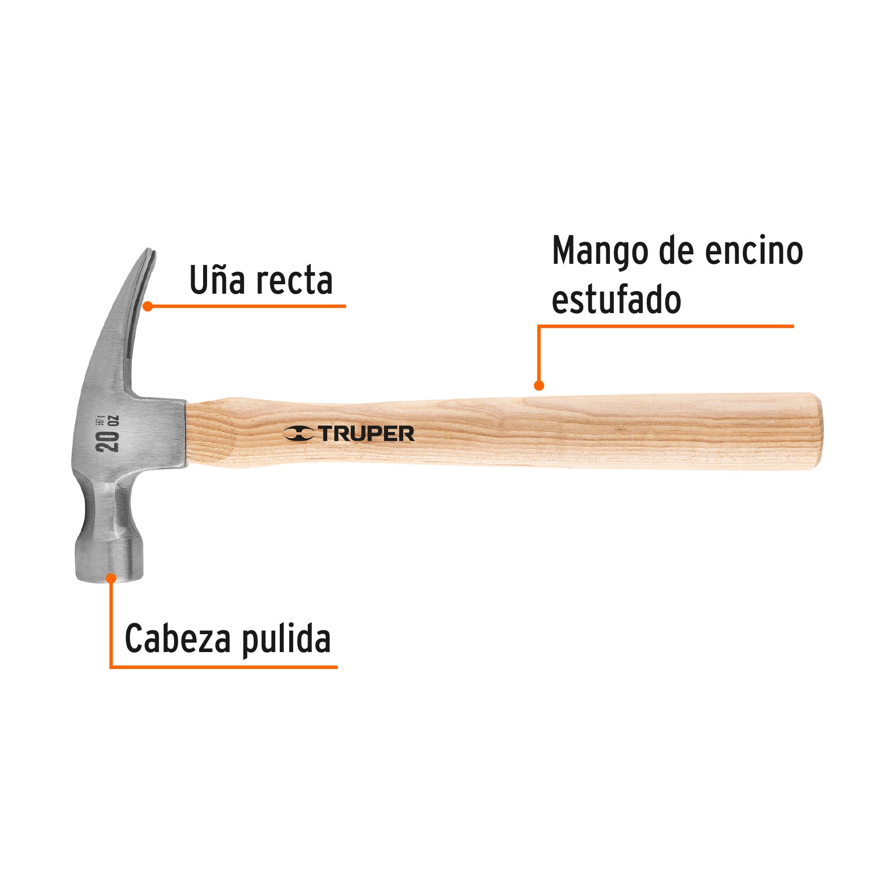 Martillo pulido, 20 oz, uña recta, mango madera, Truper