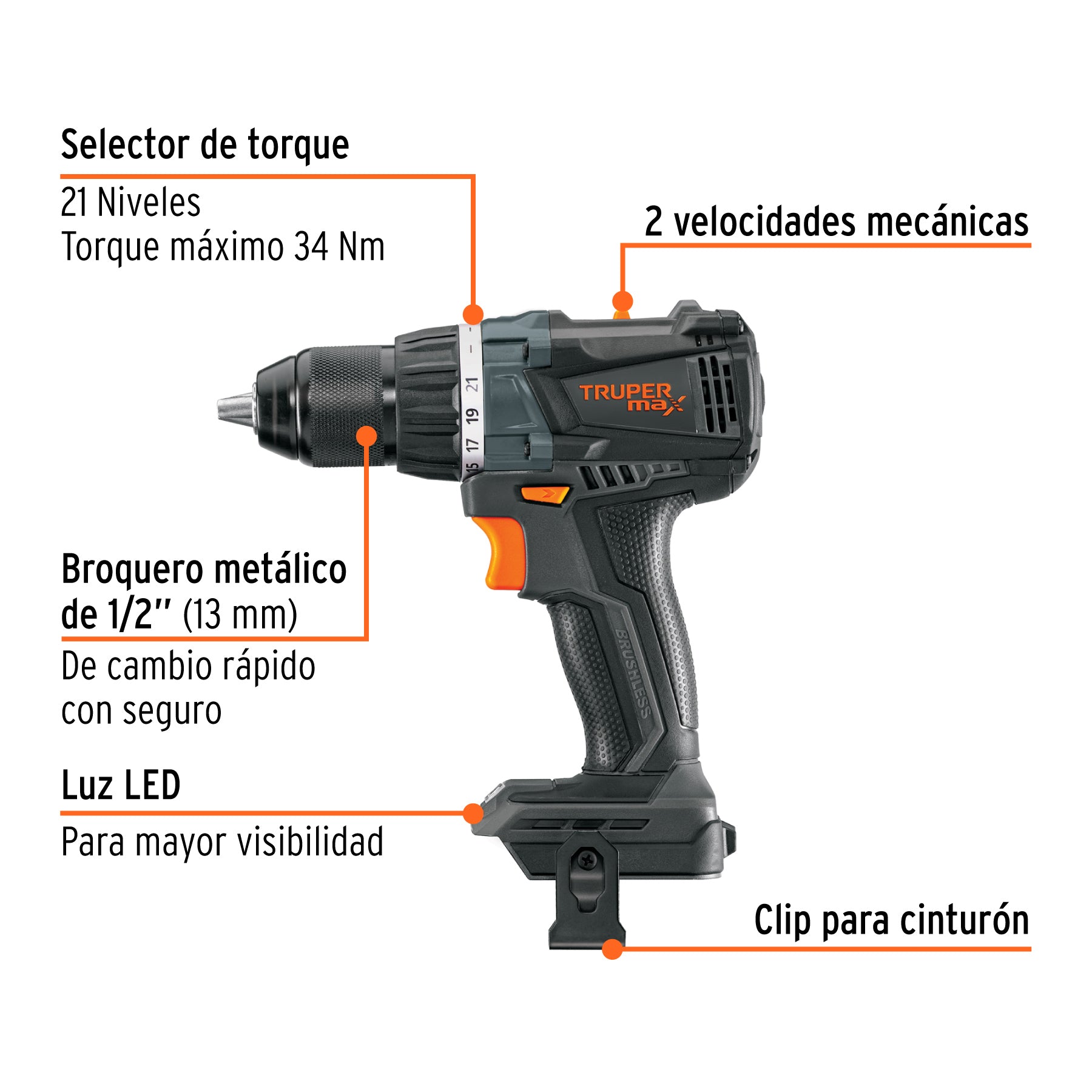 Taladro inalámbrico 1/2", 20V, sin accesorios, MAX