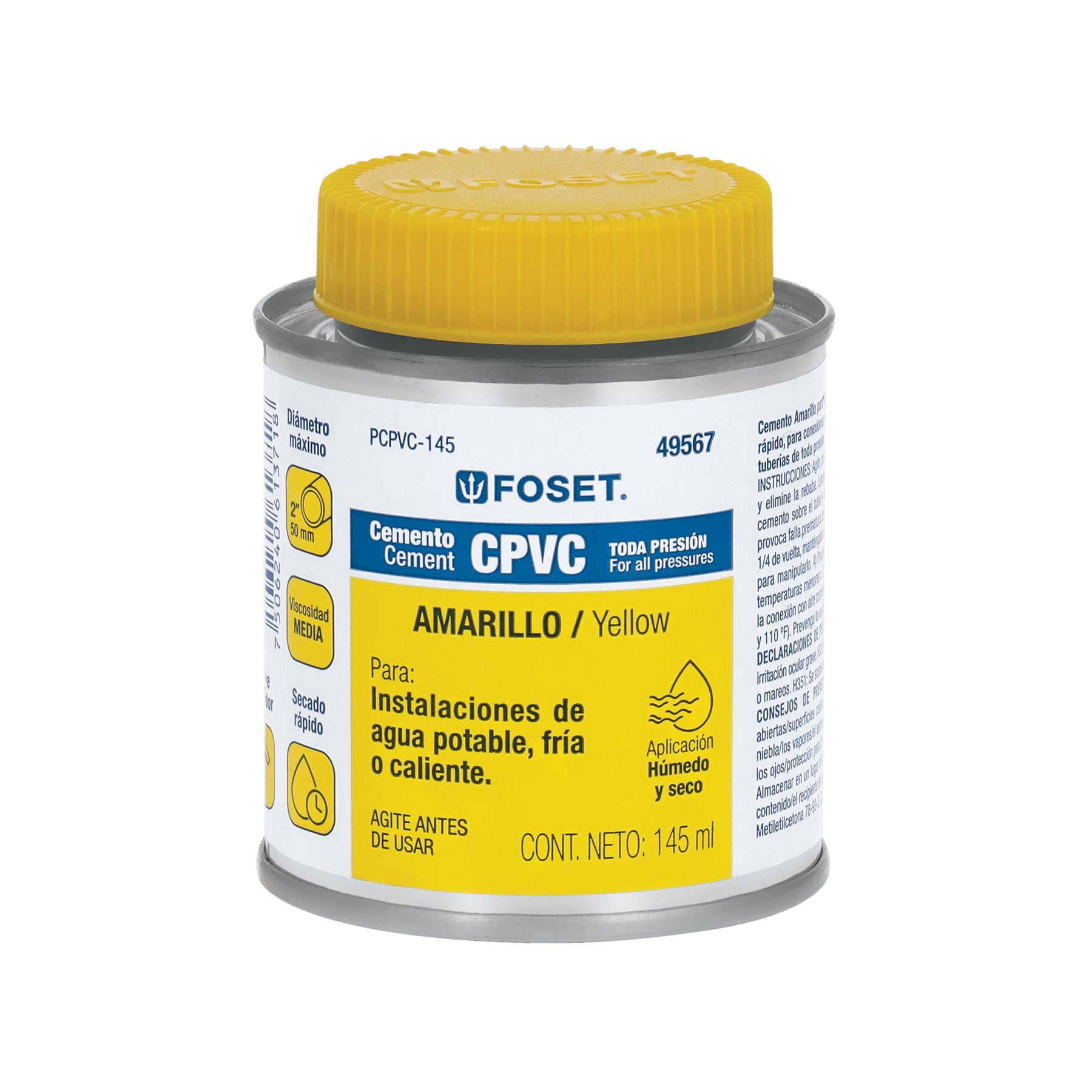 Cemento para CPVC, amarillo, toda presión, lata 145ml, Foset
