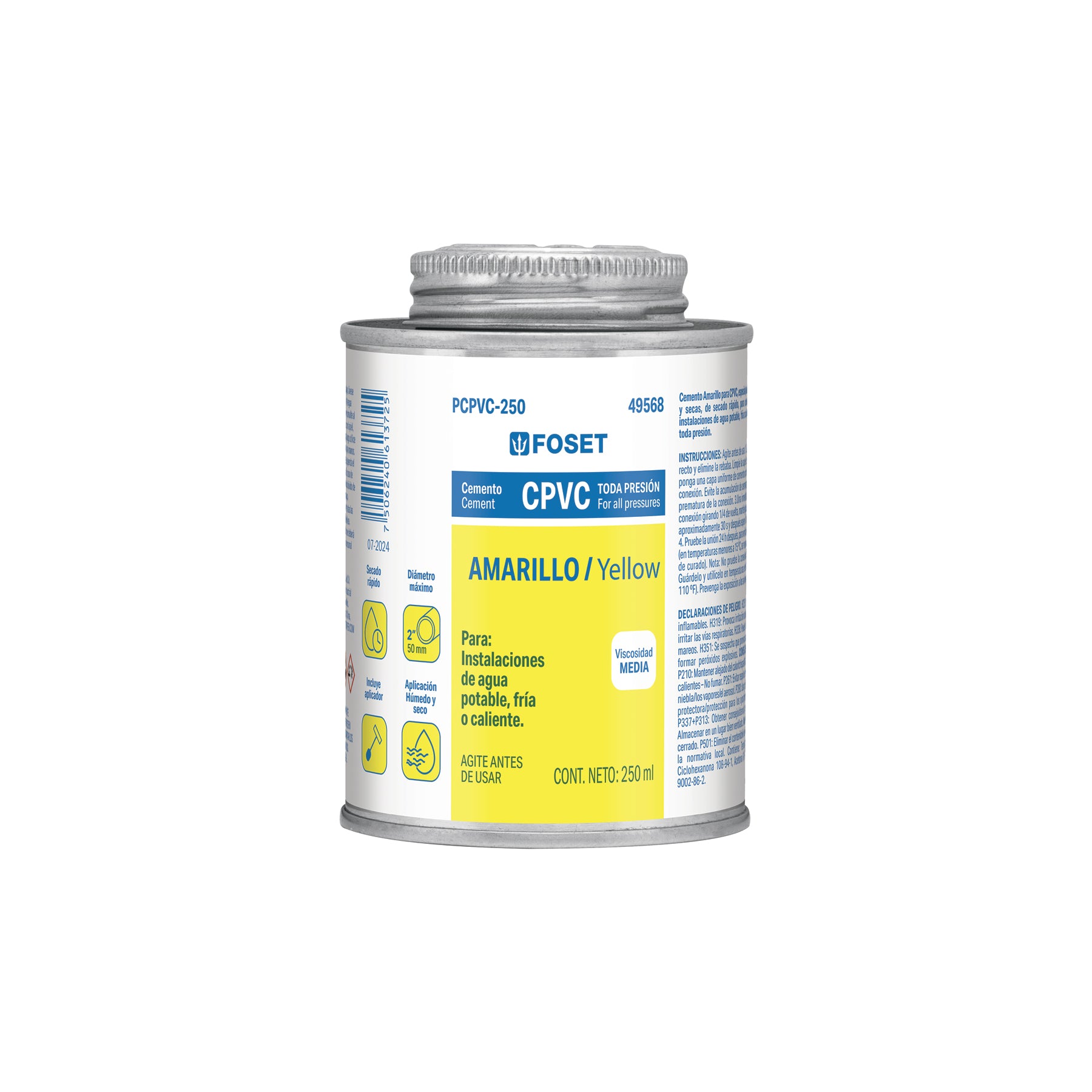 Cemento para CPVC, amarillo, toda presión, lata 250ml, Foset