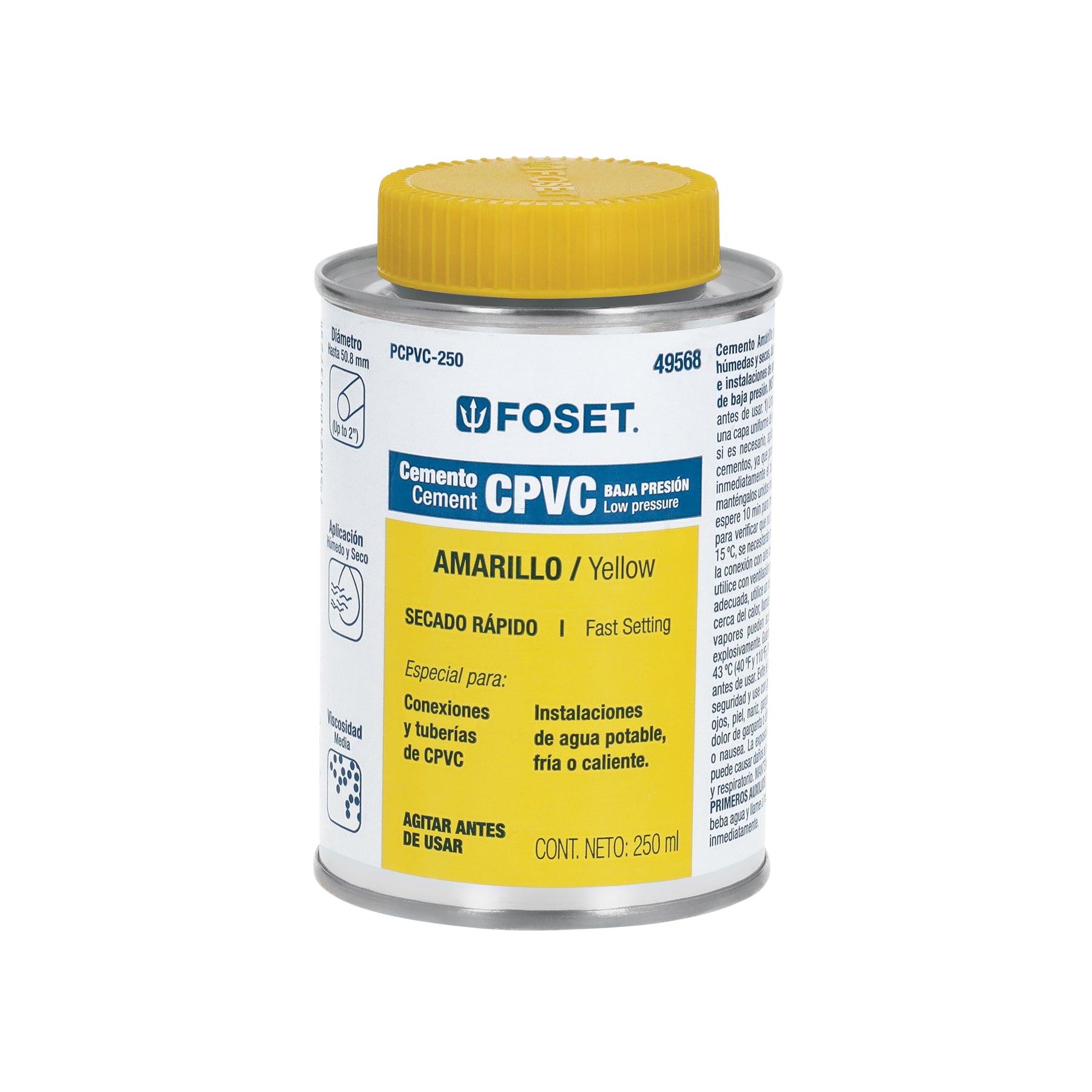 Cemento para CPVC, amarillo, toda presión, lata 250ml, Foset