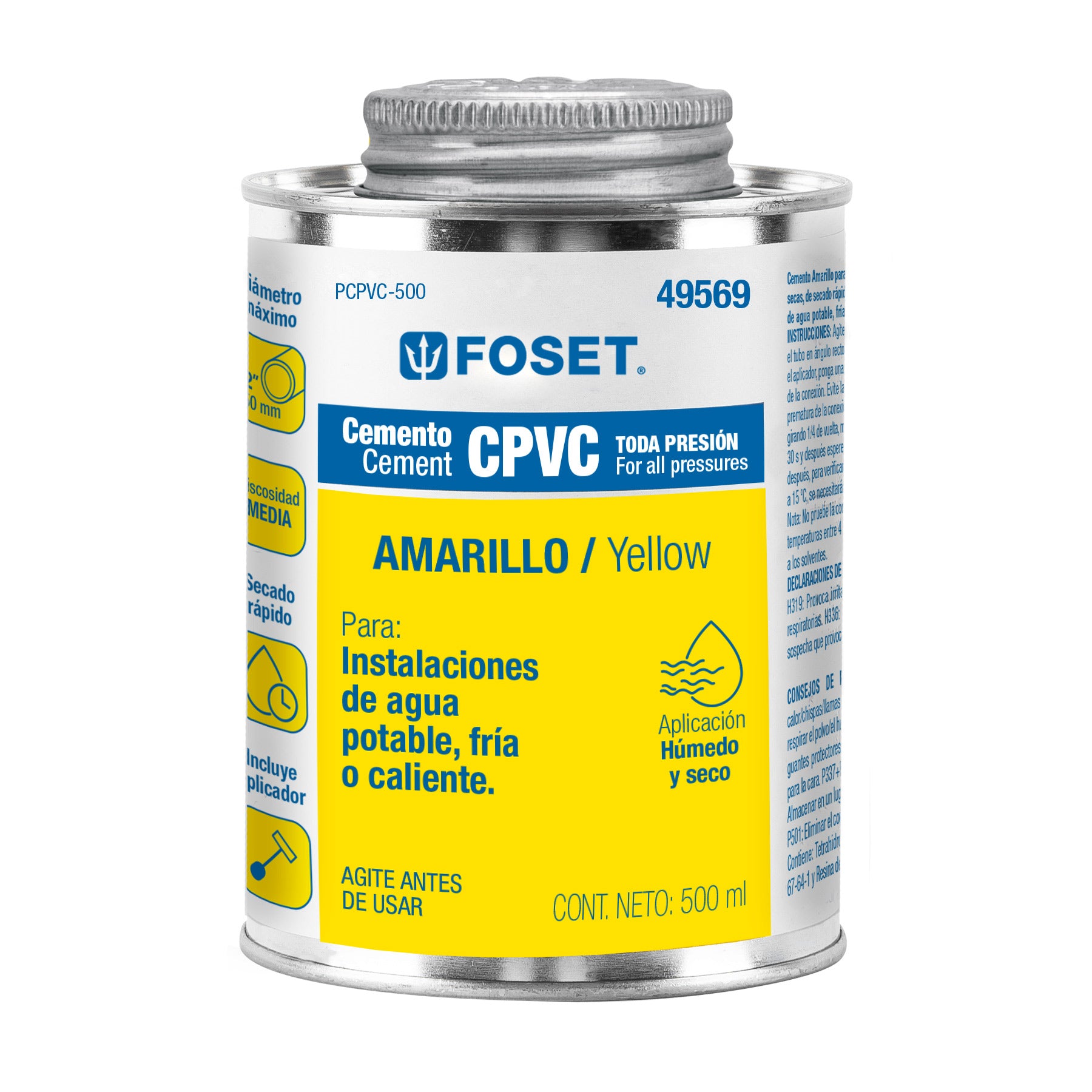 Cemento para CPVC, amarillo, toda presión, lata 500ml, Foset