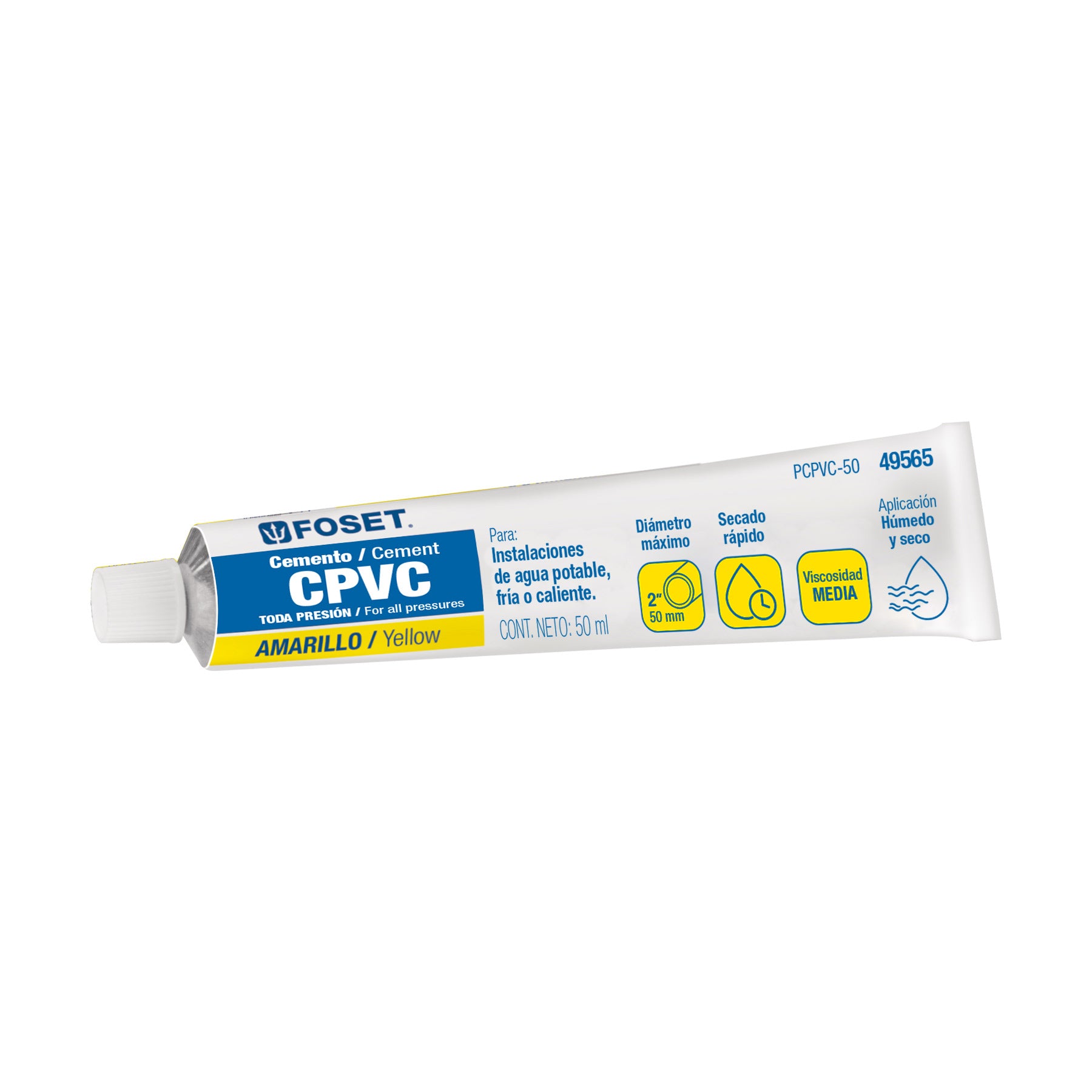 Cemento para CPVC, amarillo, toda presión, tubo 50ml, Foset