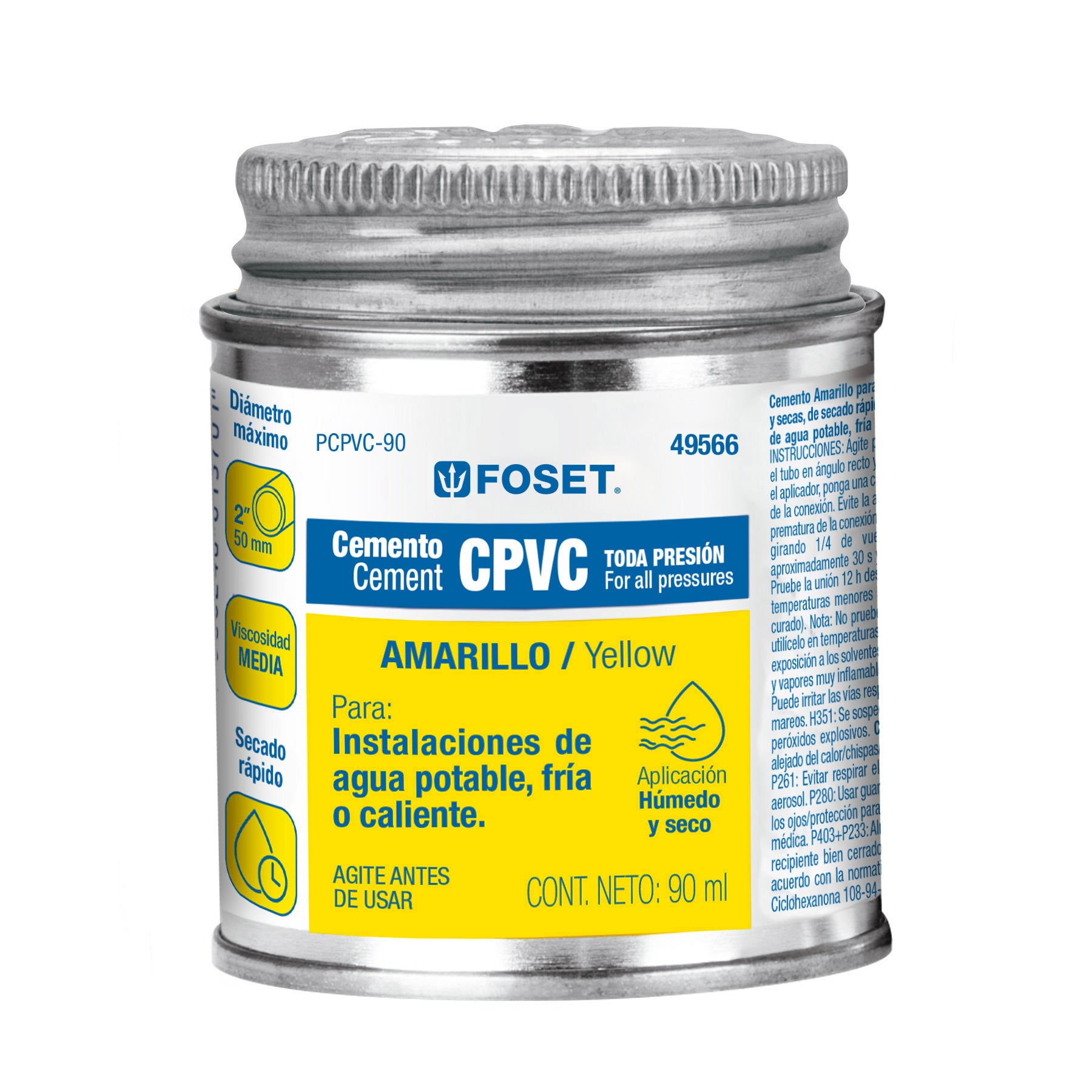 Cemento para CPVC, amarillo, toda presión, lata 90ml, Foset