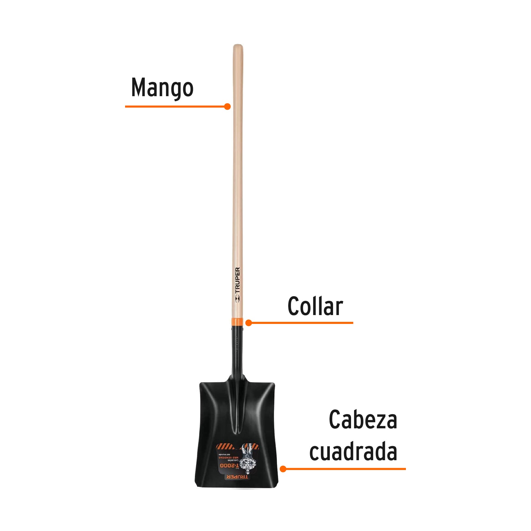 Pala T-2000 cuadrada, tipo español, mango largo 41", Truper