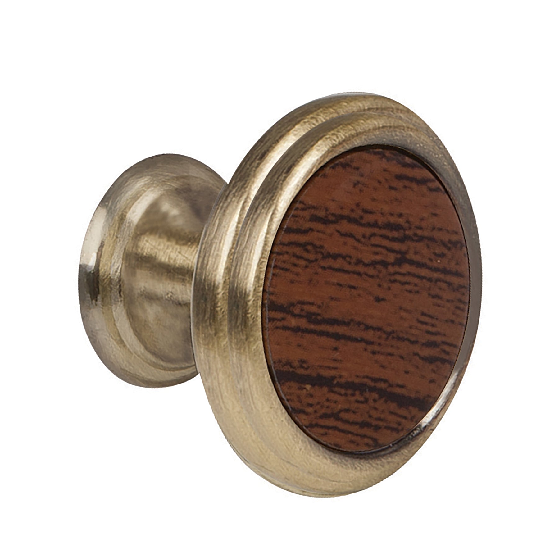 Perilla metálica acabado latón antiguo, inserto tipo madera