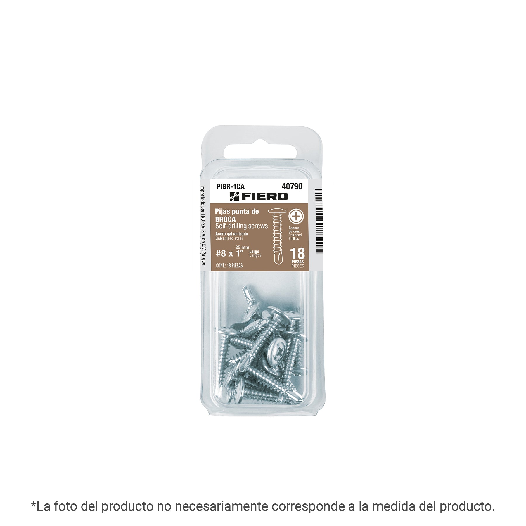 Blíster con 15 pijas cabeza cruz, punta broca 1-1/4", Fiero