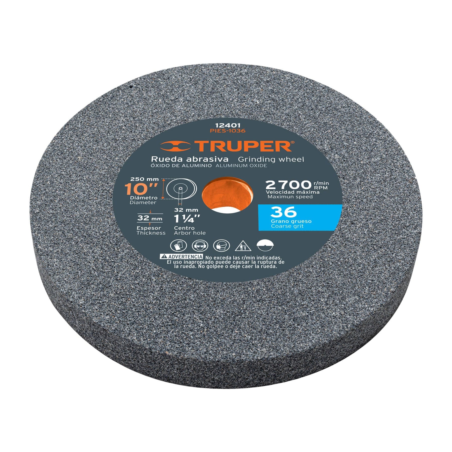 Rueda abrasiva para esmeril 10"x32mm, óxido aluminio, grano 36
