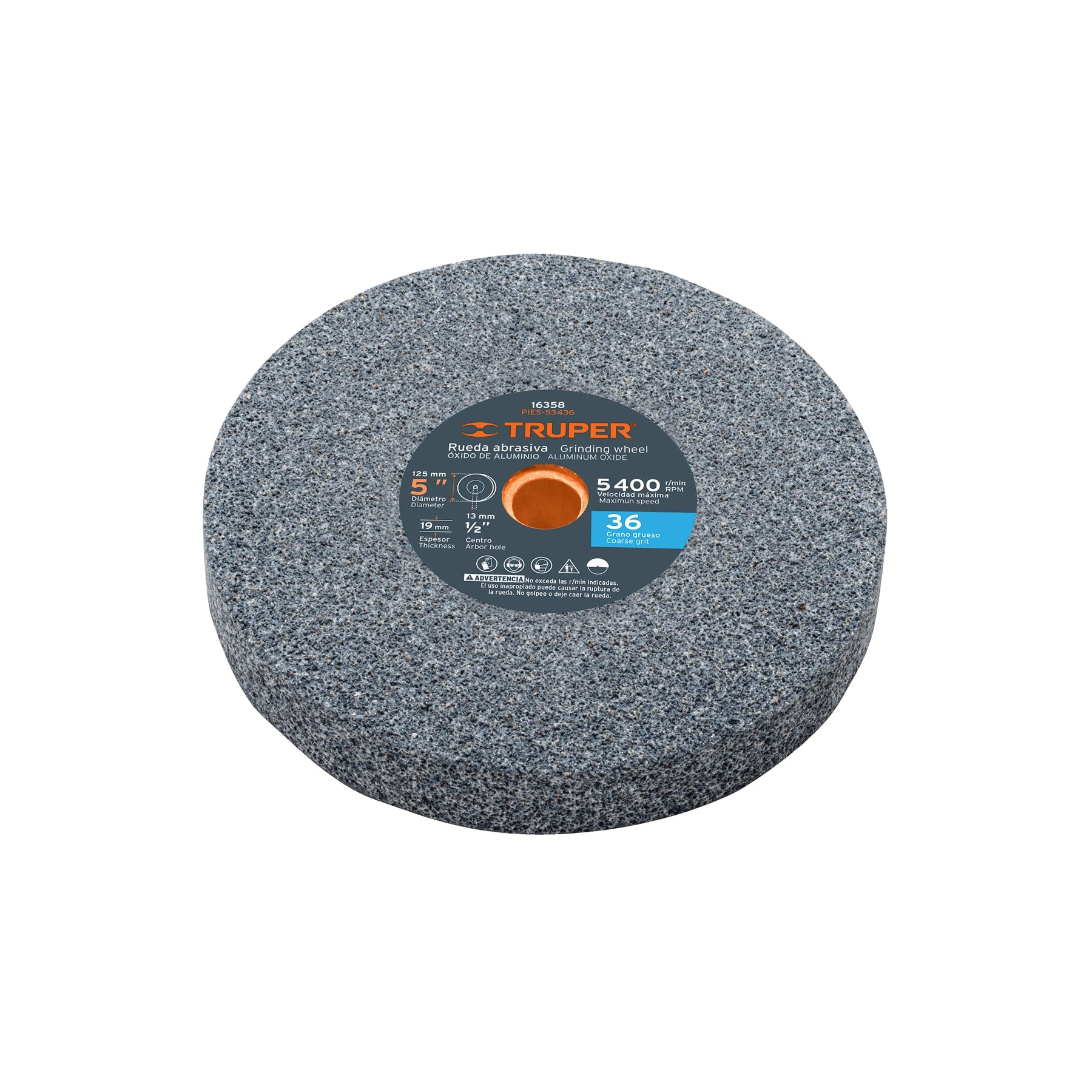 Rueda abrasiva para esmeril 5"x19mm, óxido aluminio, grano 36