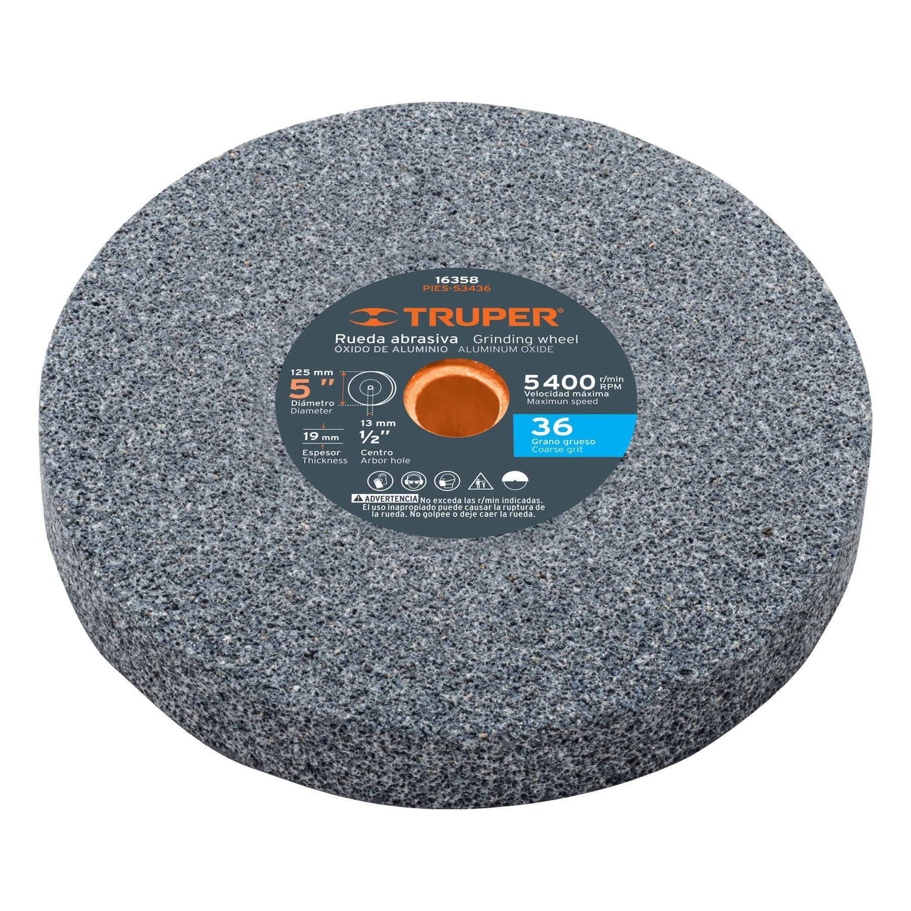 Rueda abrasiva para esmeril 5"x19mm, óxido aluminio, grano 36