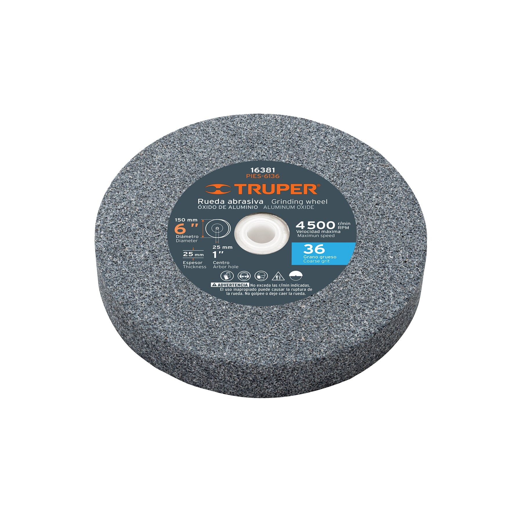 Rueda abrasiva para esmeril 6"x25mm, óxido aluminio, grano 36