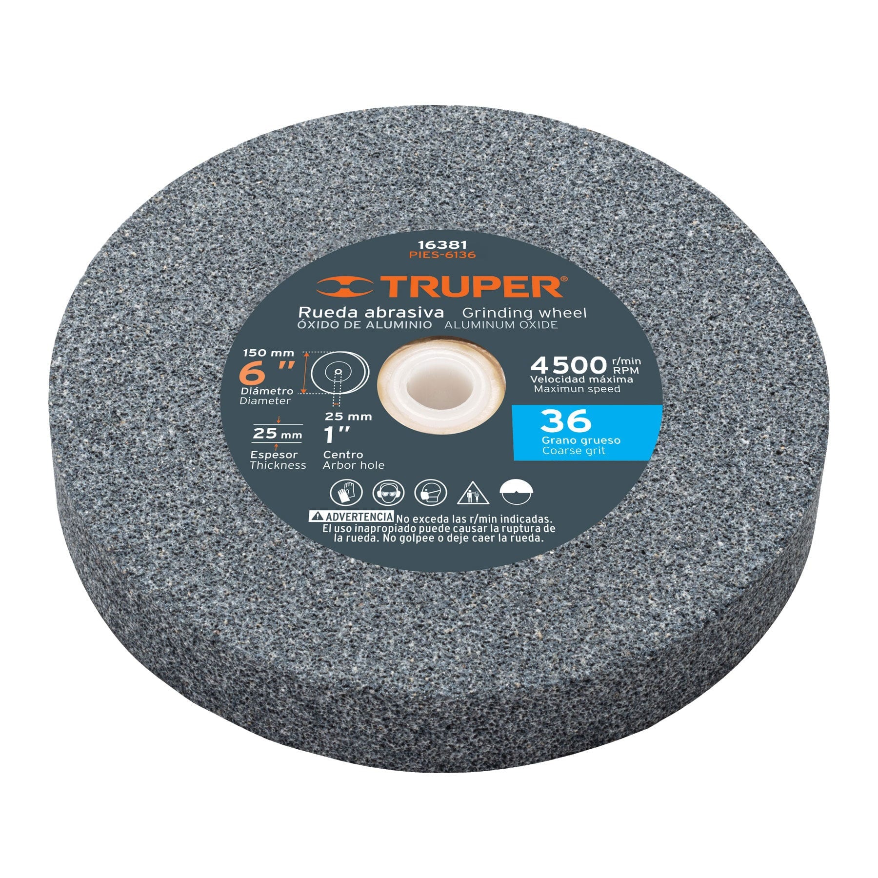 Rueda abrasiva para esmeril 6"x25mm, óxido aluminio, grano 36