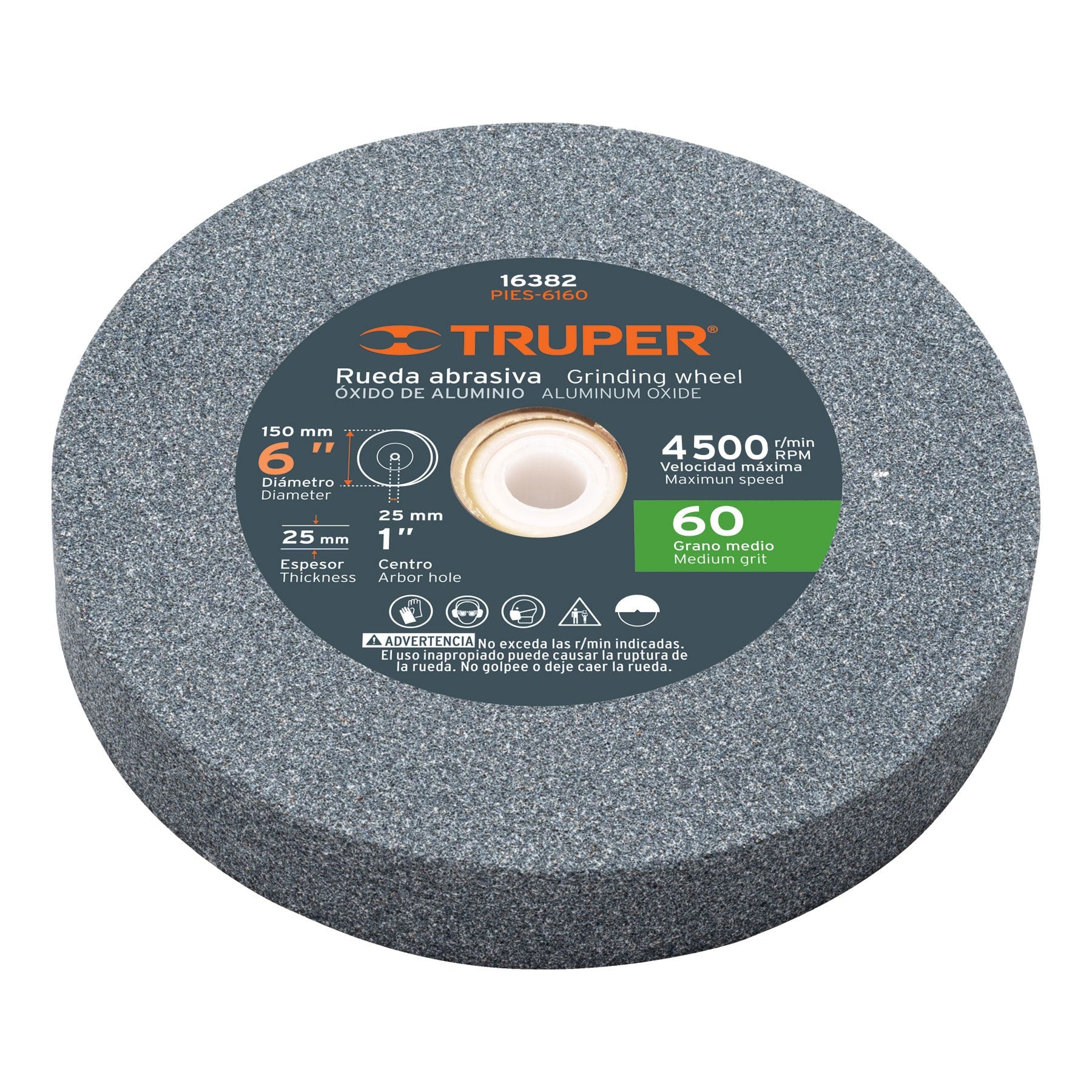 Rueda abrasiva para esmeril 6"x25mm, óxido aluminio, grano 60