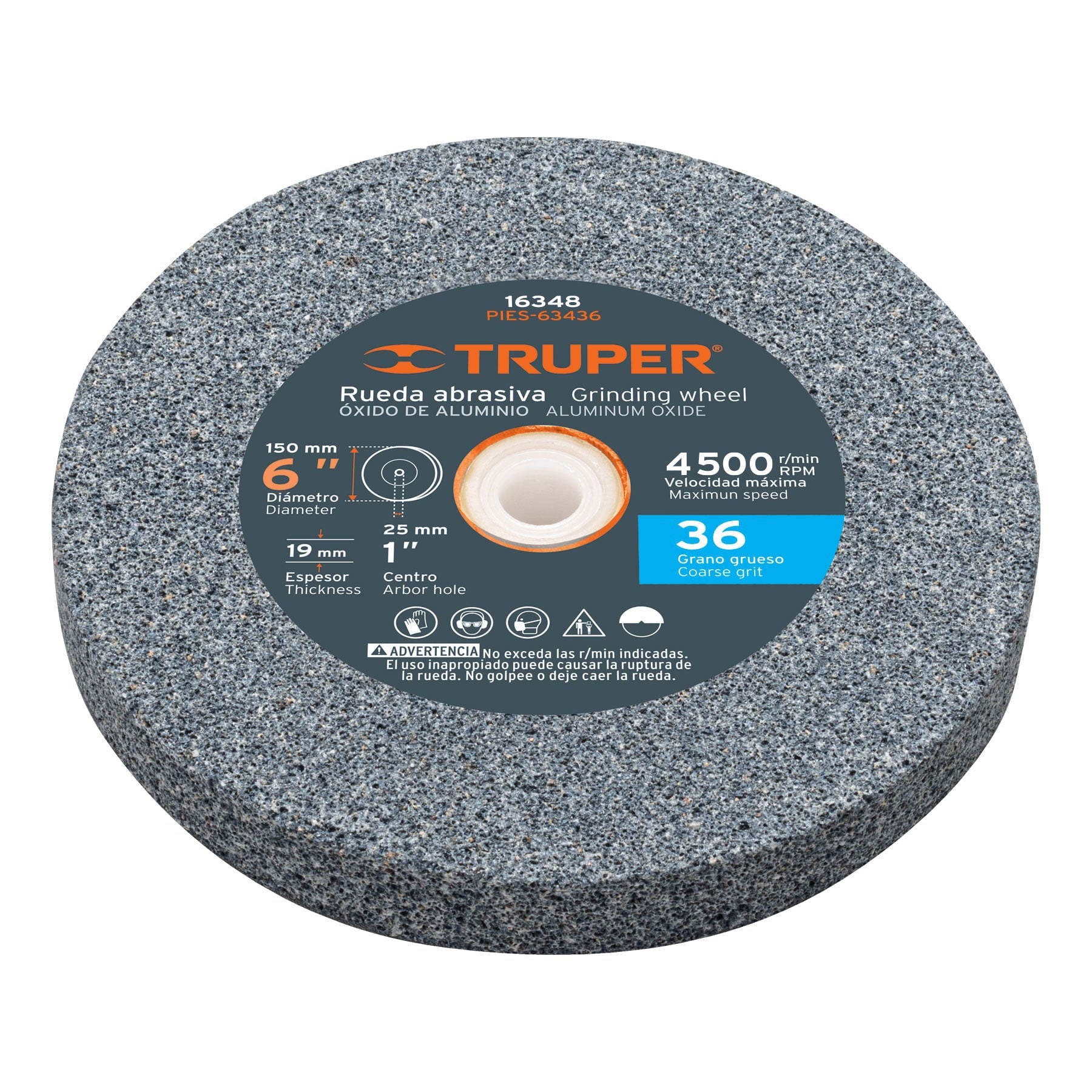 Rueda abrasiva para esmeril 6"x19mm, óxido aluminio, grano 36