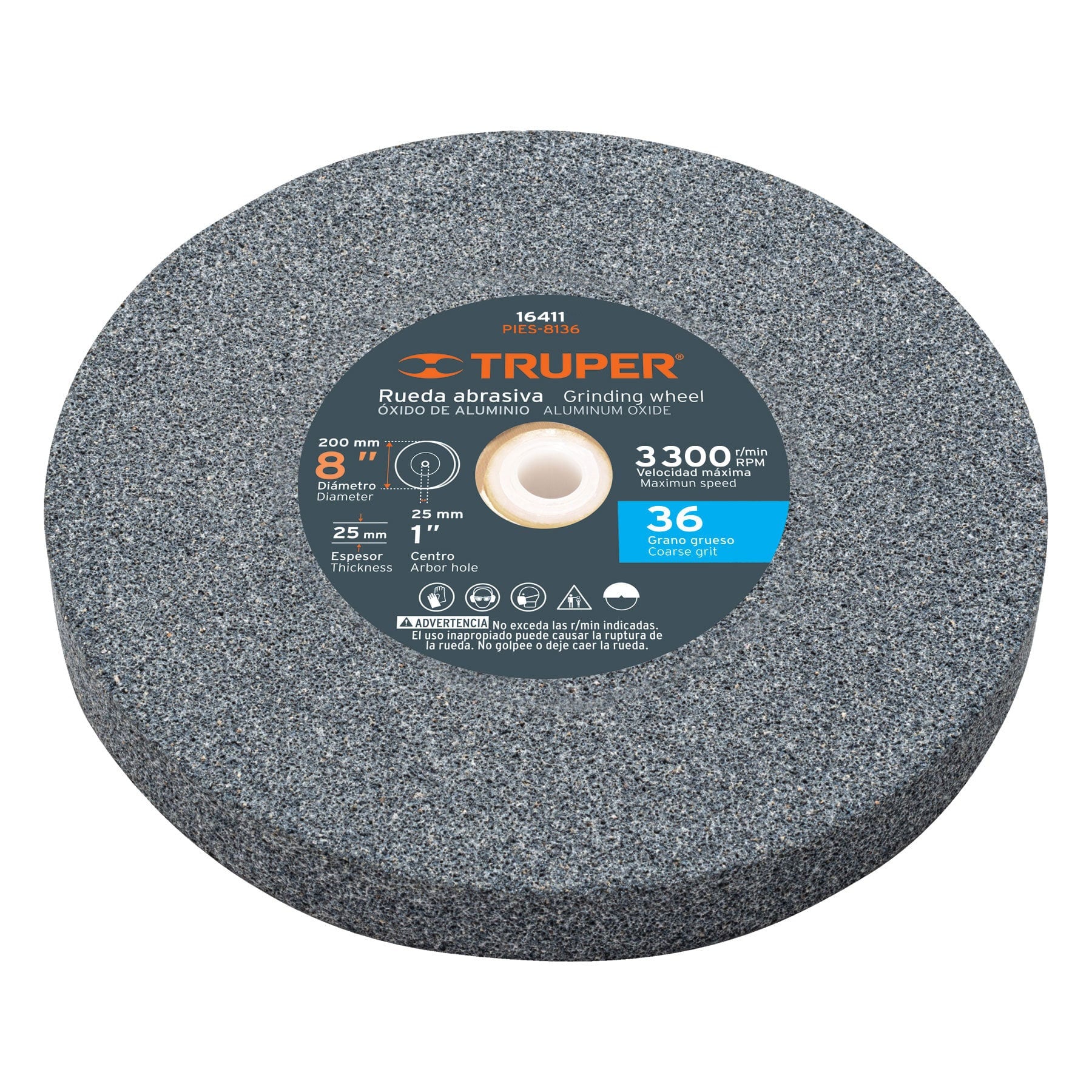 Rueda abrasiva para esmeril 8"x25mm, óxido aluminio, grano 36