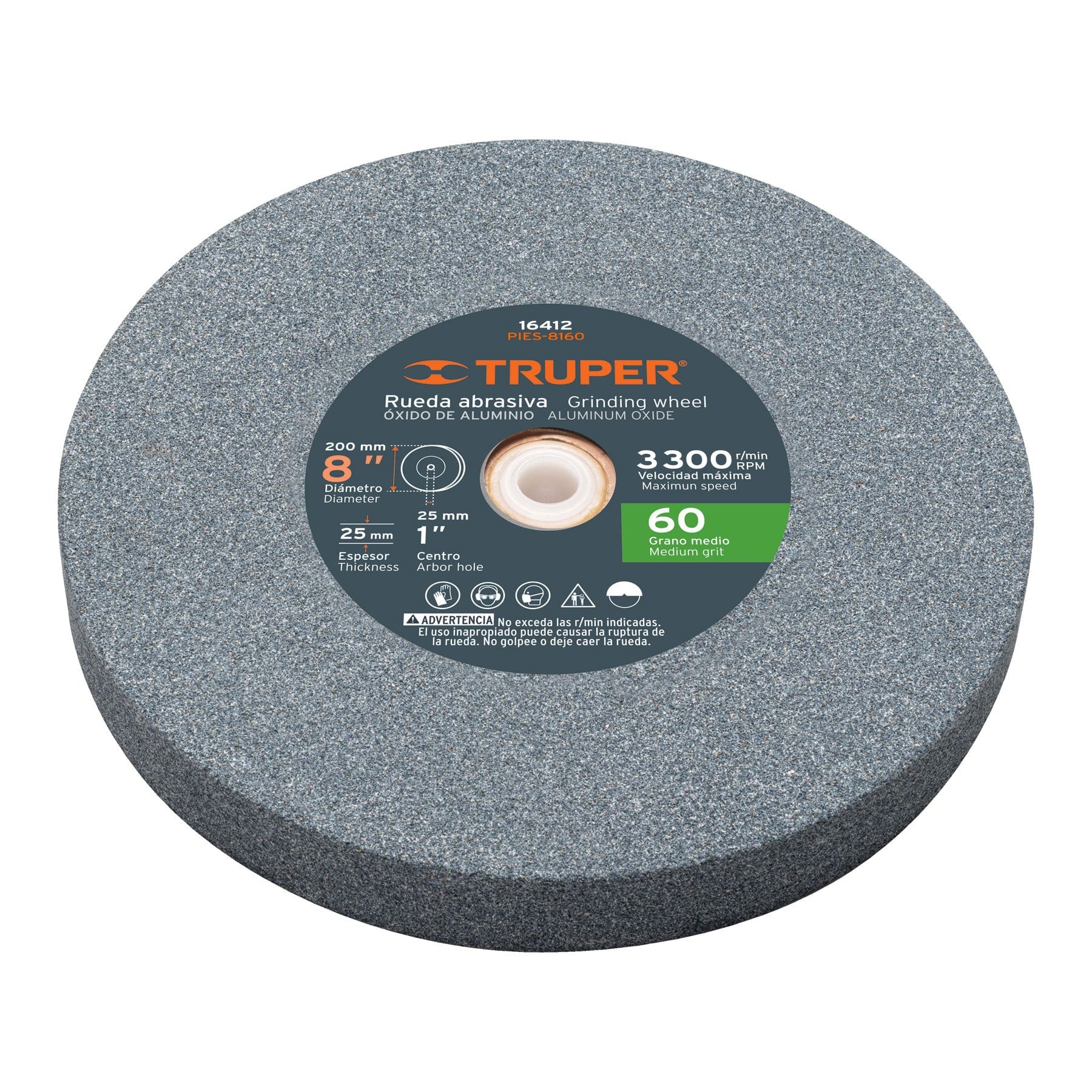 Rueda abrasiva para esmeril 8"x25mm, óxido aluminio, grano 60