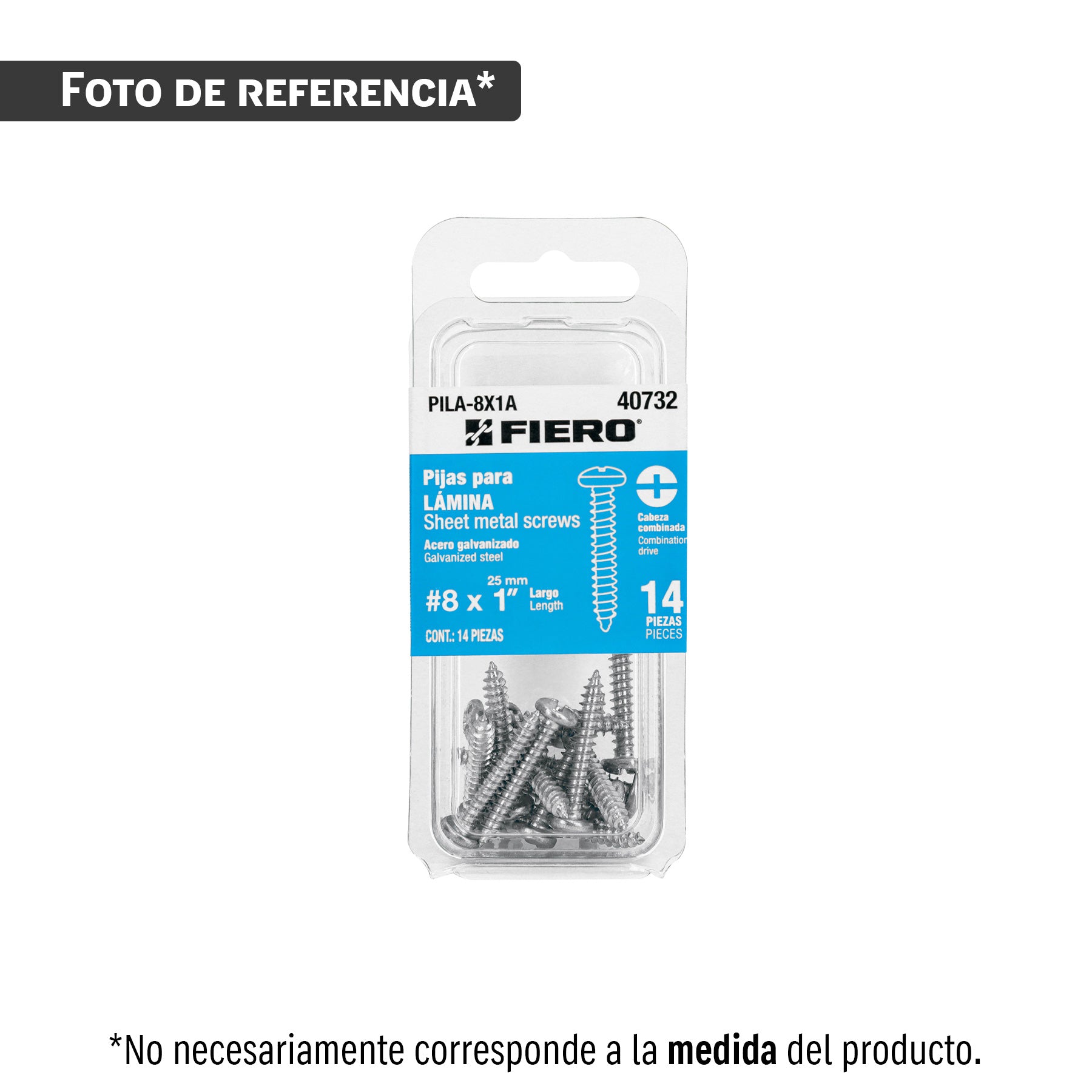 Blíster con 8 pijas para lámina, #8 x 2", Fiero