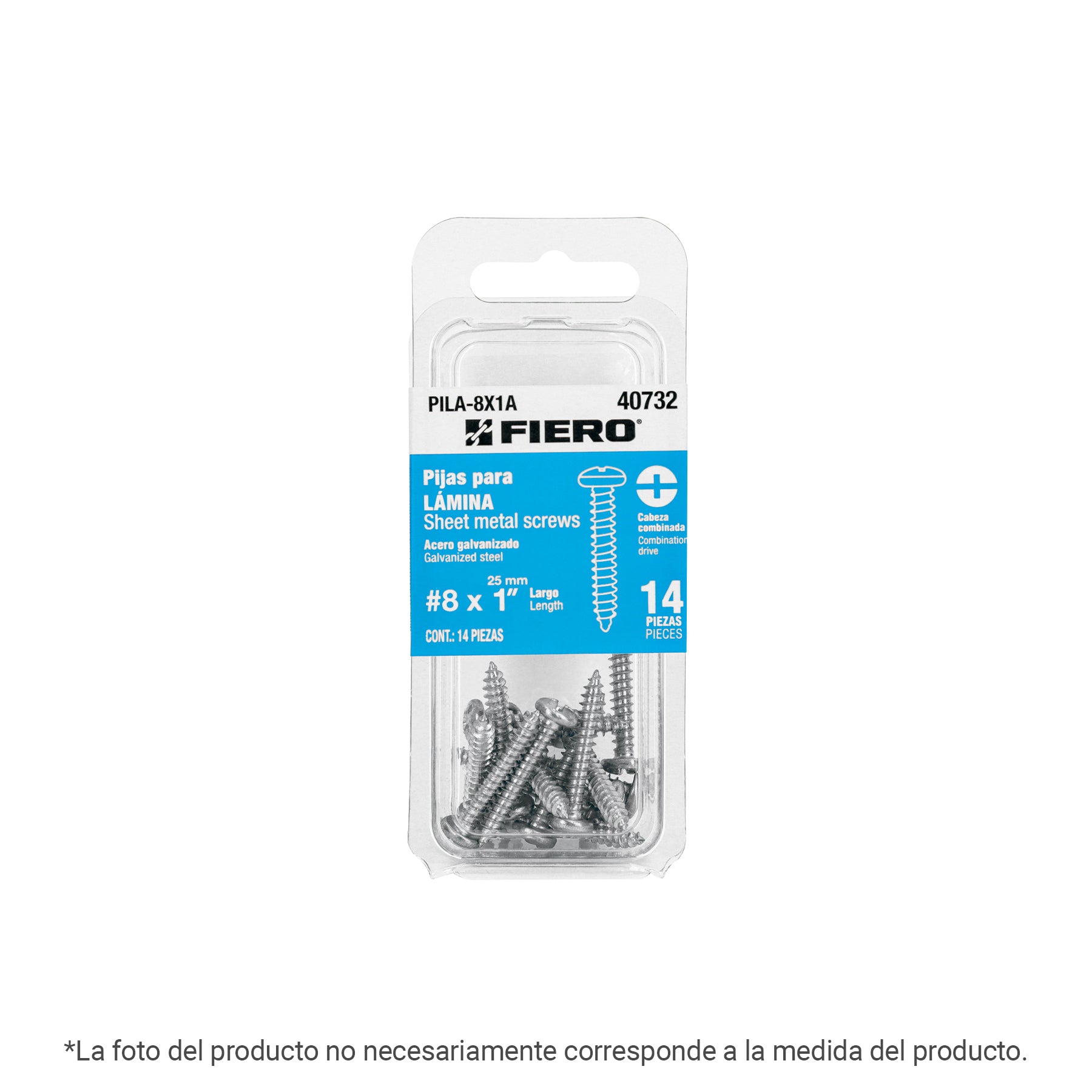 Blíster con 8 pijas para lámina, #8 x 2", Fiero