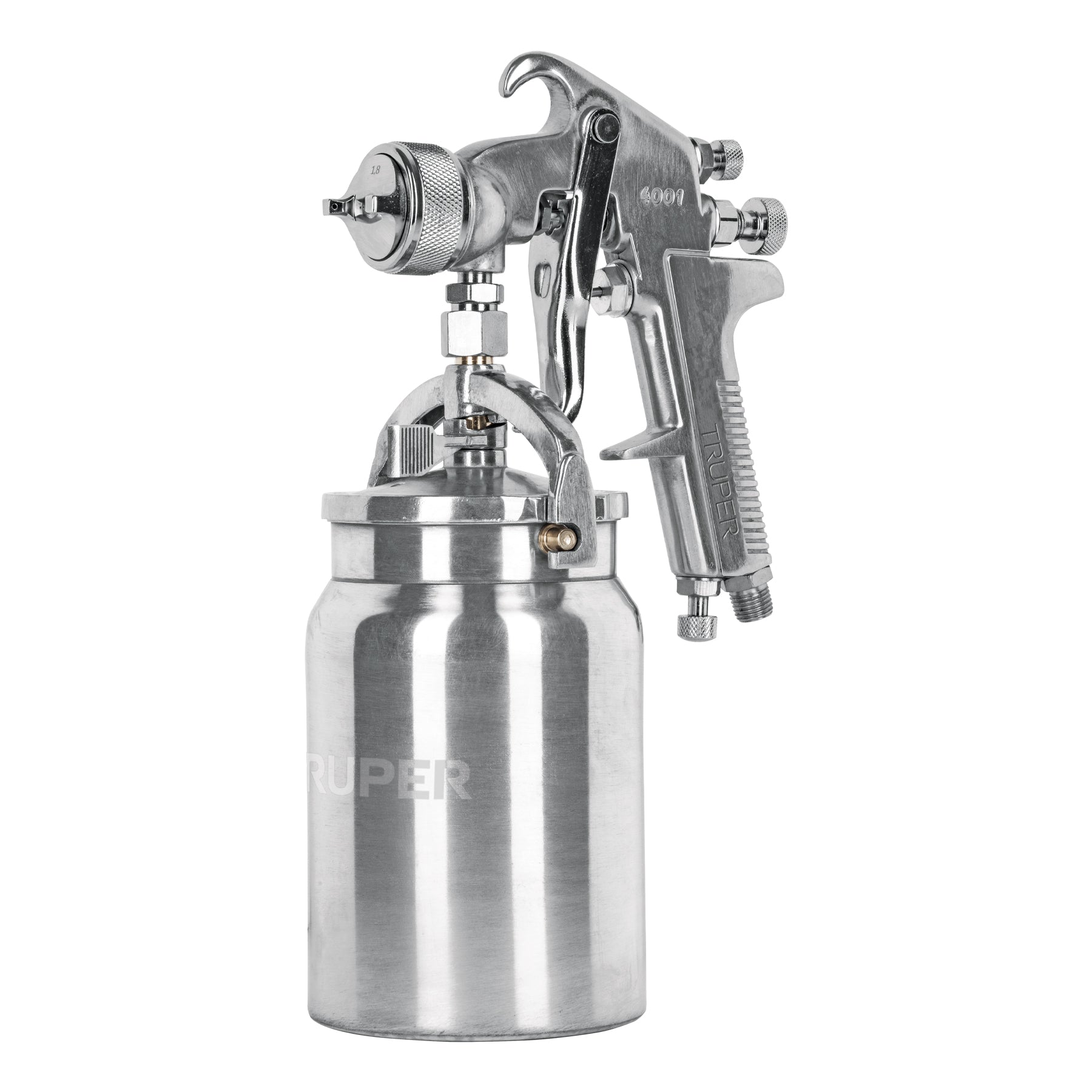 Pistola para pintar succión HVHP vaso alum, 1.8mm, 3 vál Truper