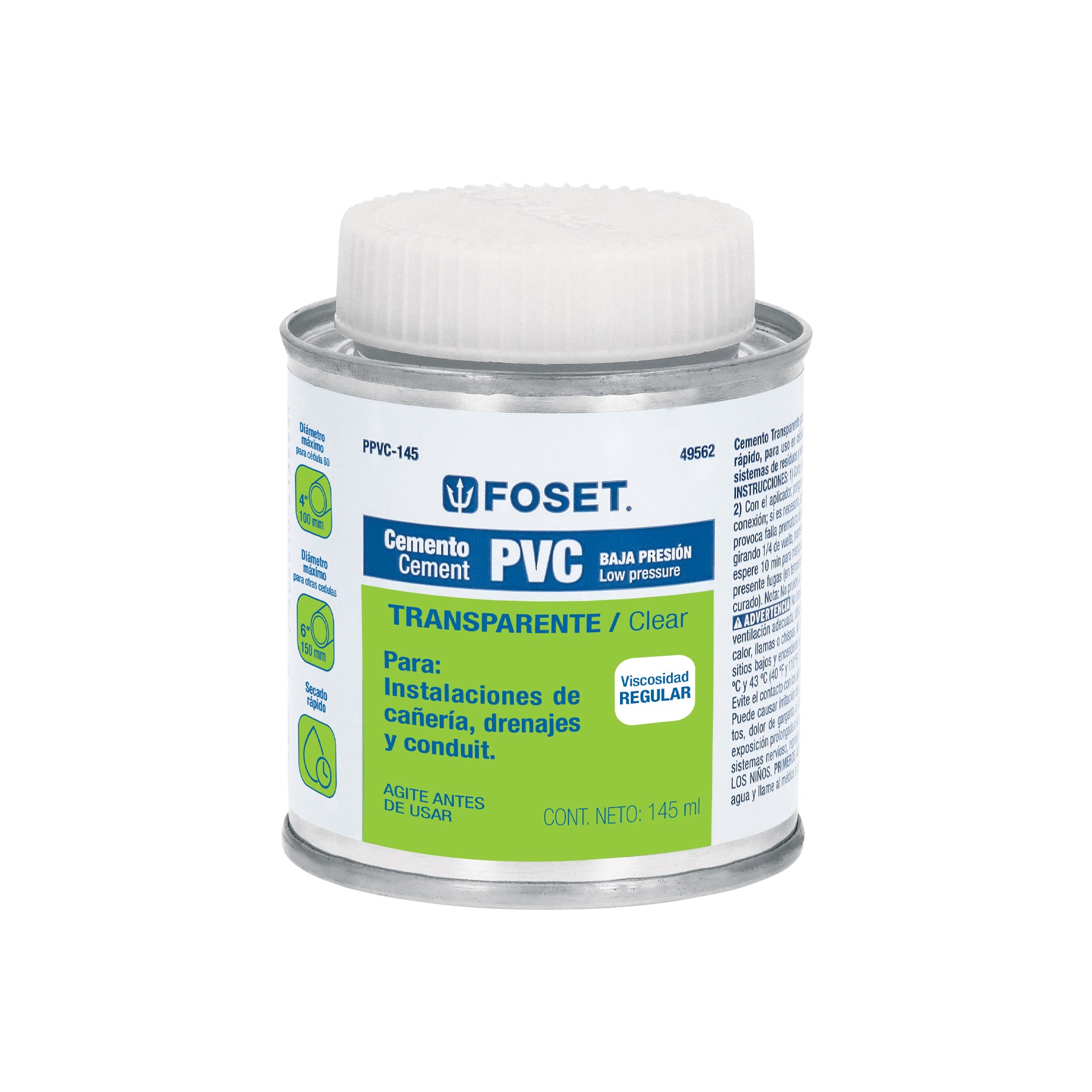 Cemento para PVC, transparente, baja presión, lata 145ml, Foset