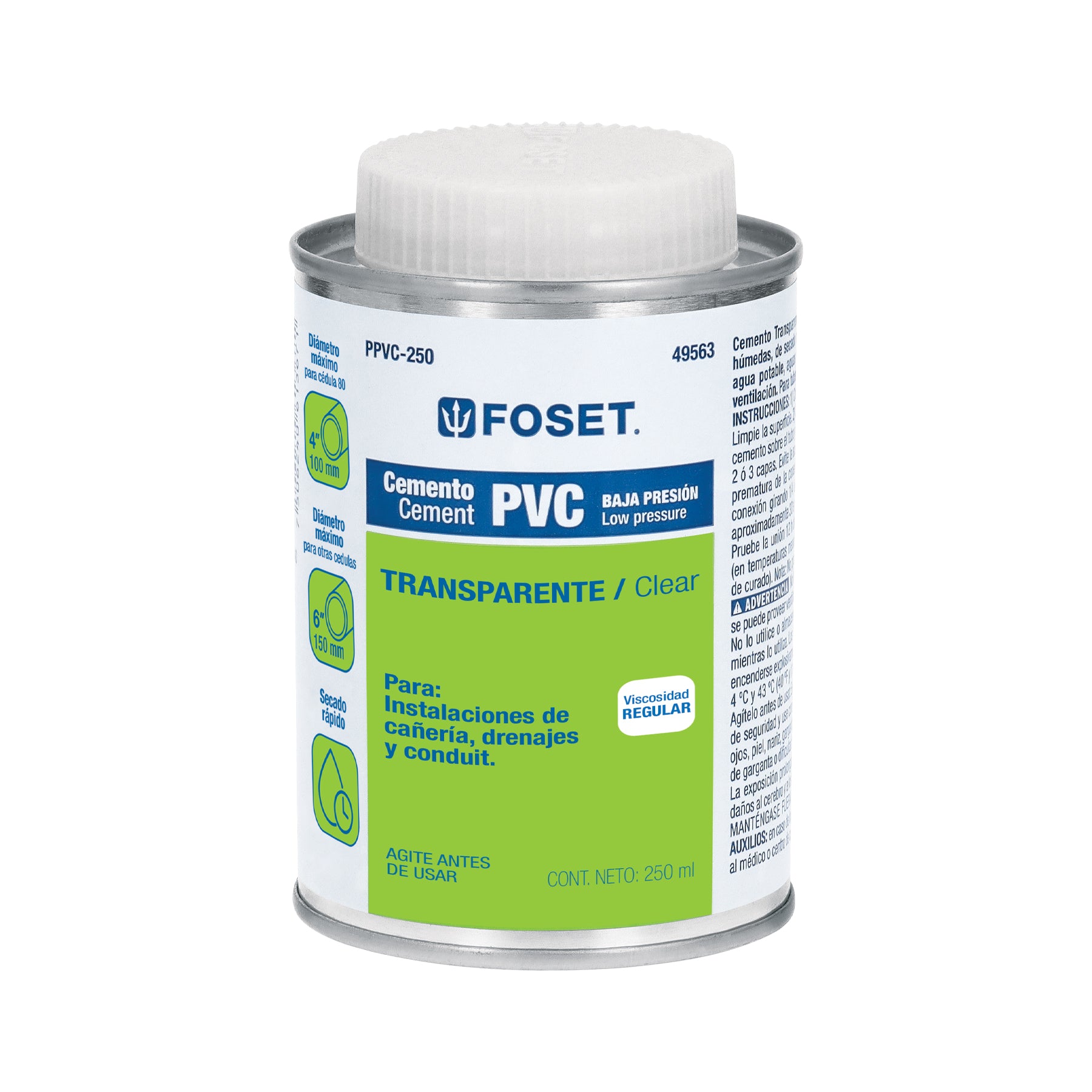 Cemento para PVC, transparente, baja presión, lata 250ml, Foset
