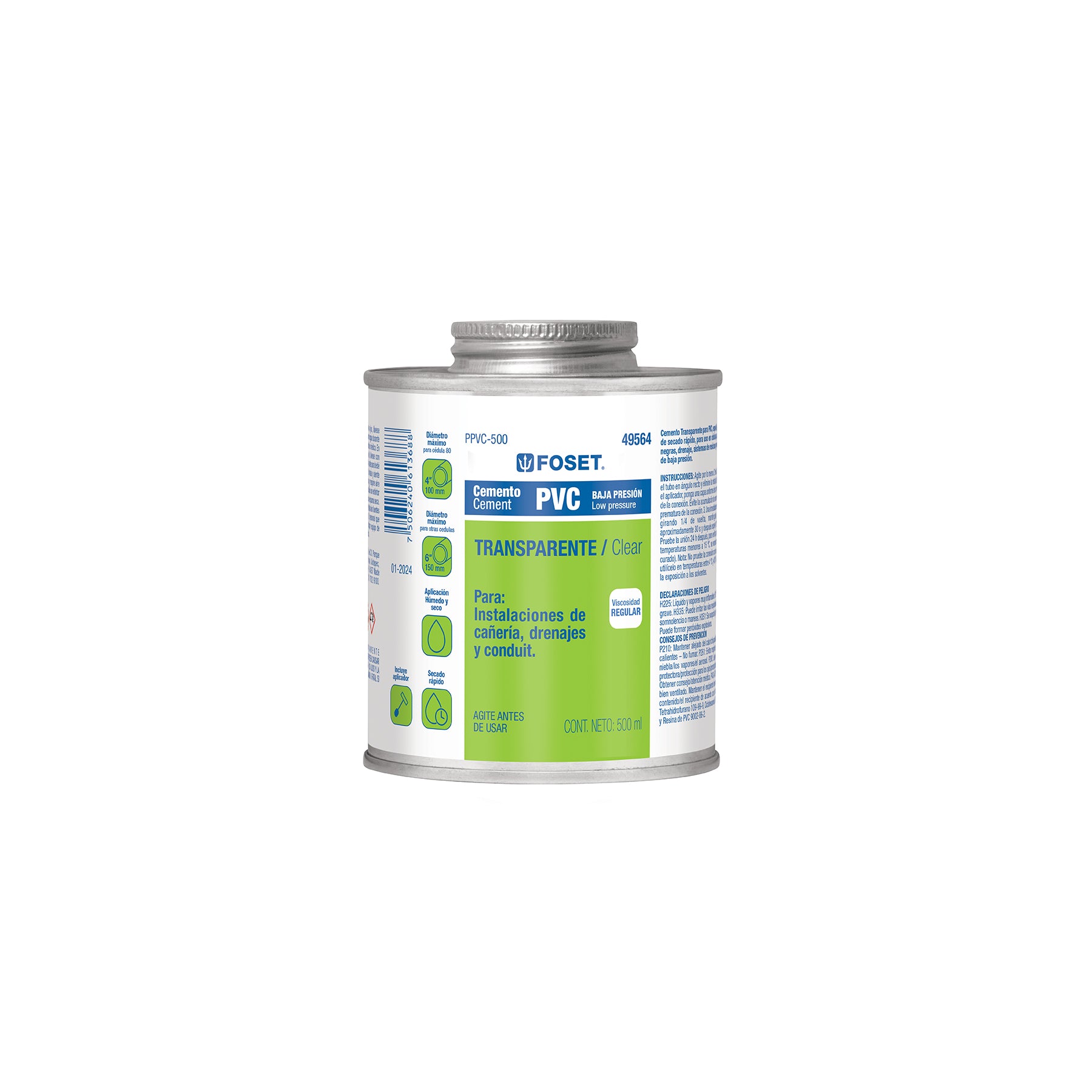 Cemento para PVC, transparente, baja presión, lata 500ml, Foset
