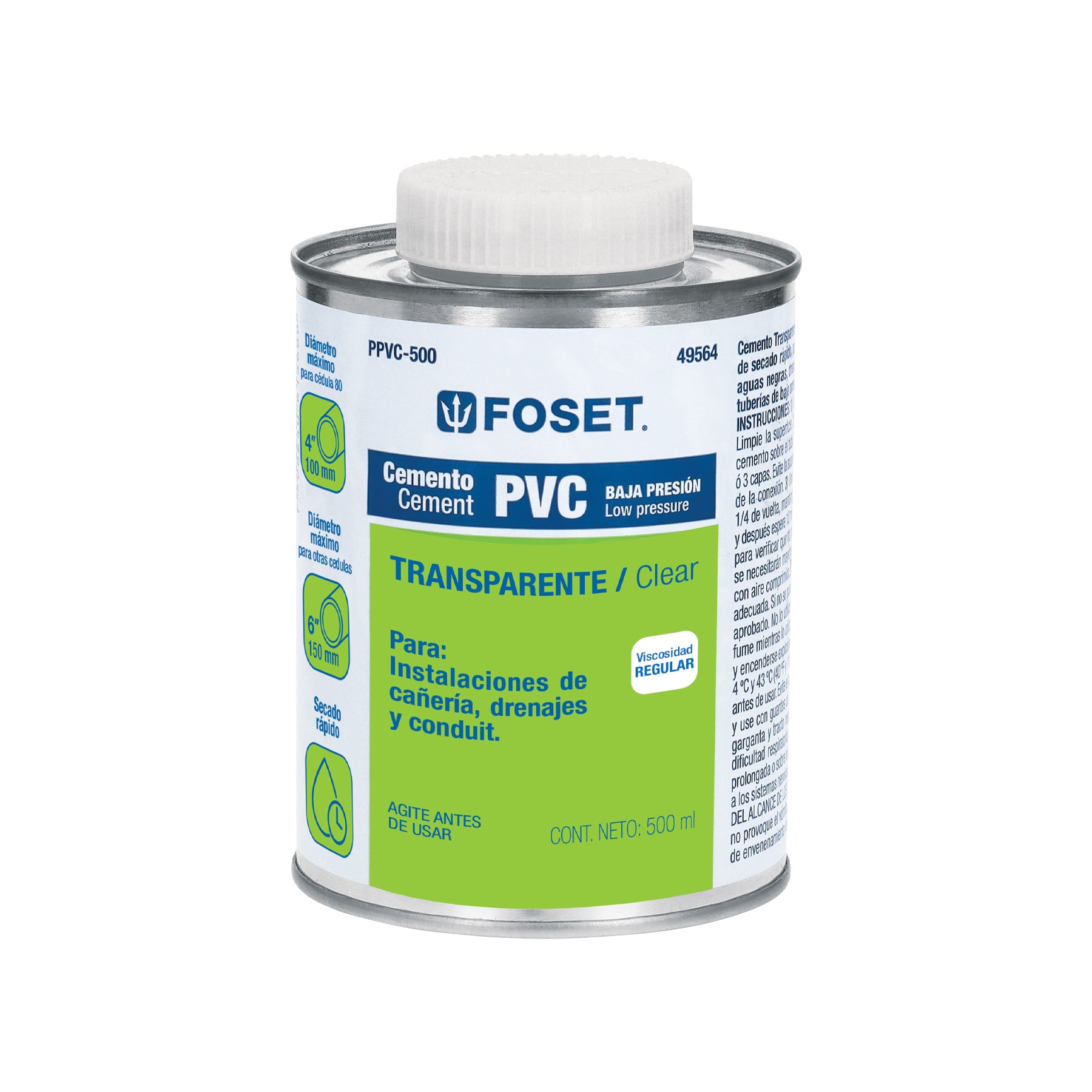 Cemento para PVC, transparente, baja presión, lata 500ml, Foset