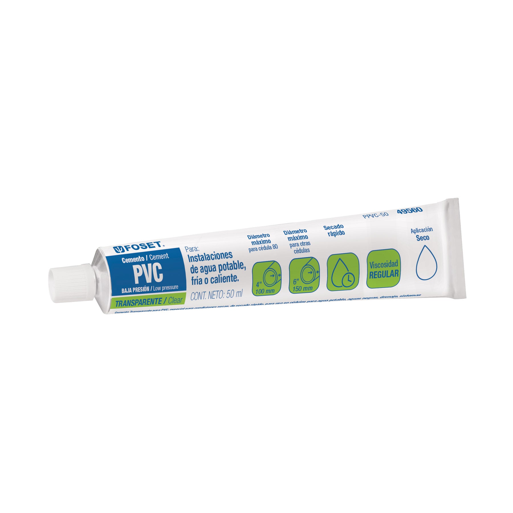 Cemento para PVC, transparente, baja presión, tubo 50ml, Foset