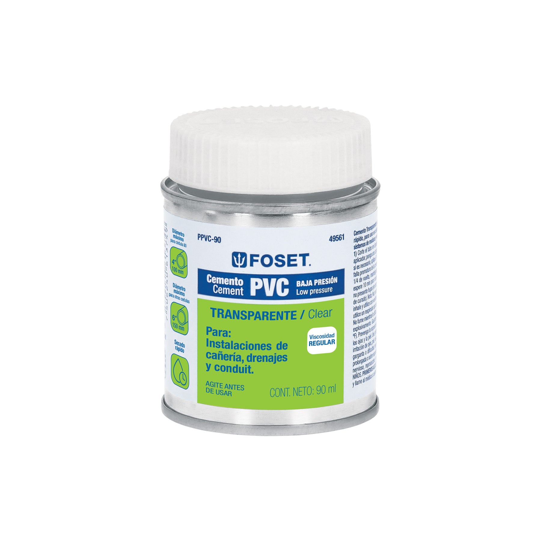 Cemento para PVC, transparente, baja presión, lata 90ml, Foset