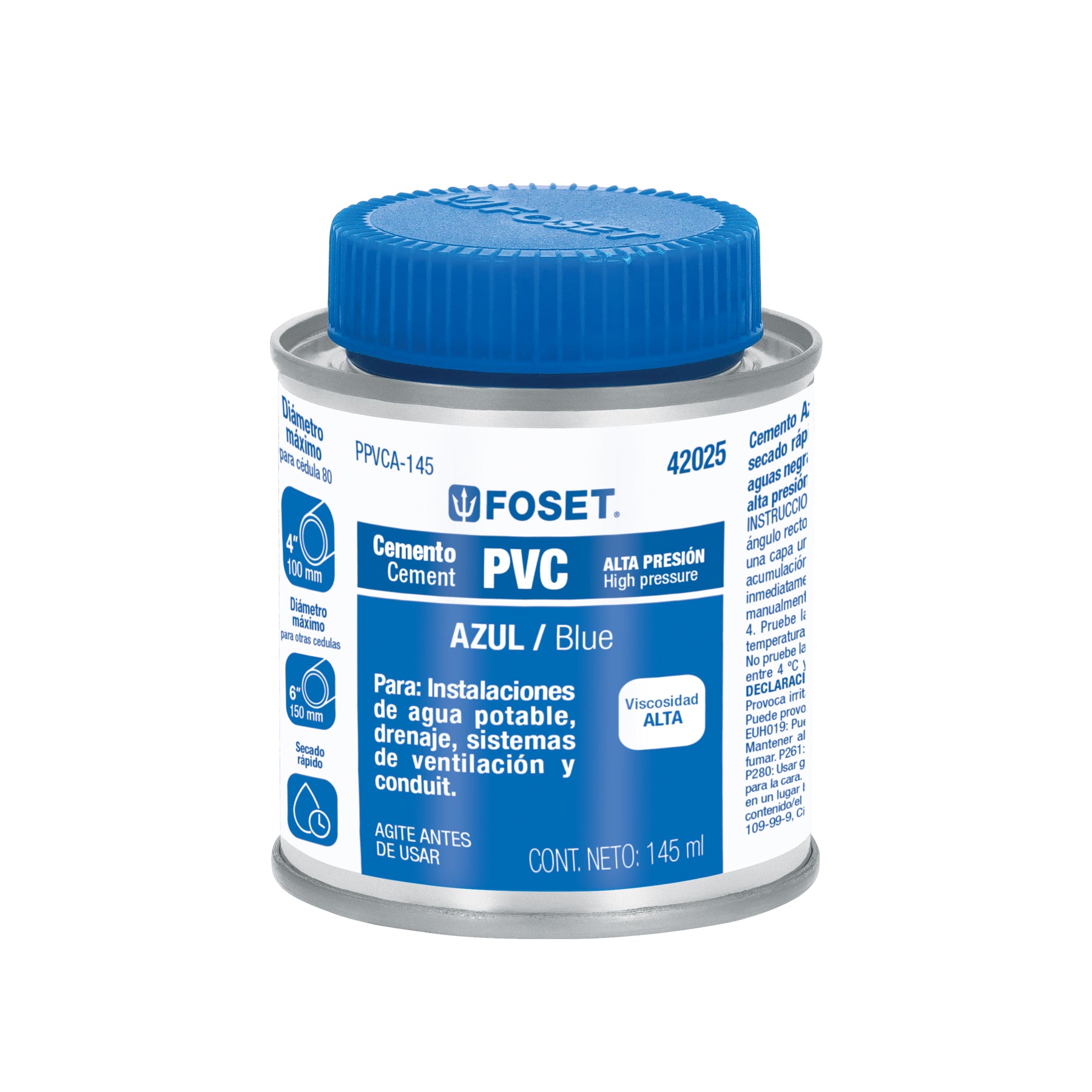 Cemento para PVC, azul, alta presión, lata 145ml, Foset
