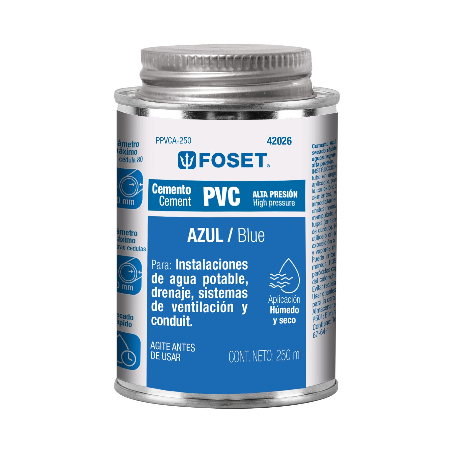 Cemento para PVC, azul, alta presión, lata 250ml, Foset