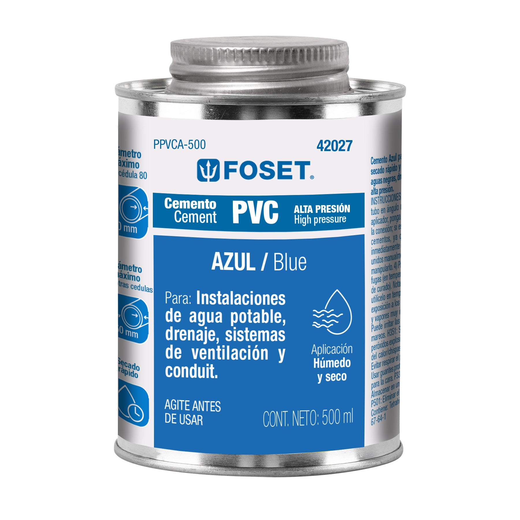 Cemento para PVC, azul, alta presión, lata 500ml, Foset