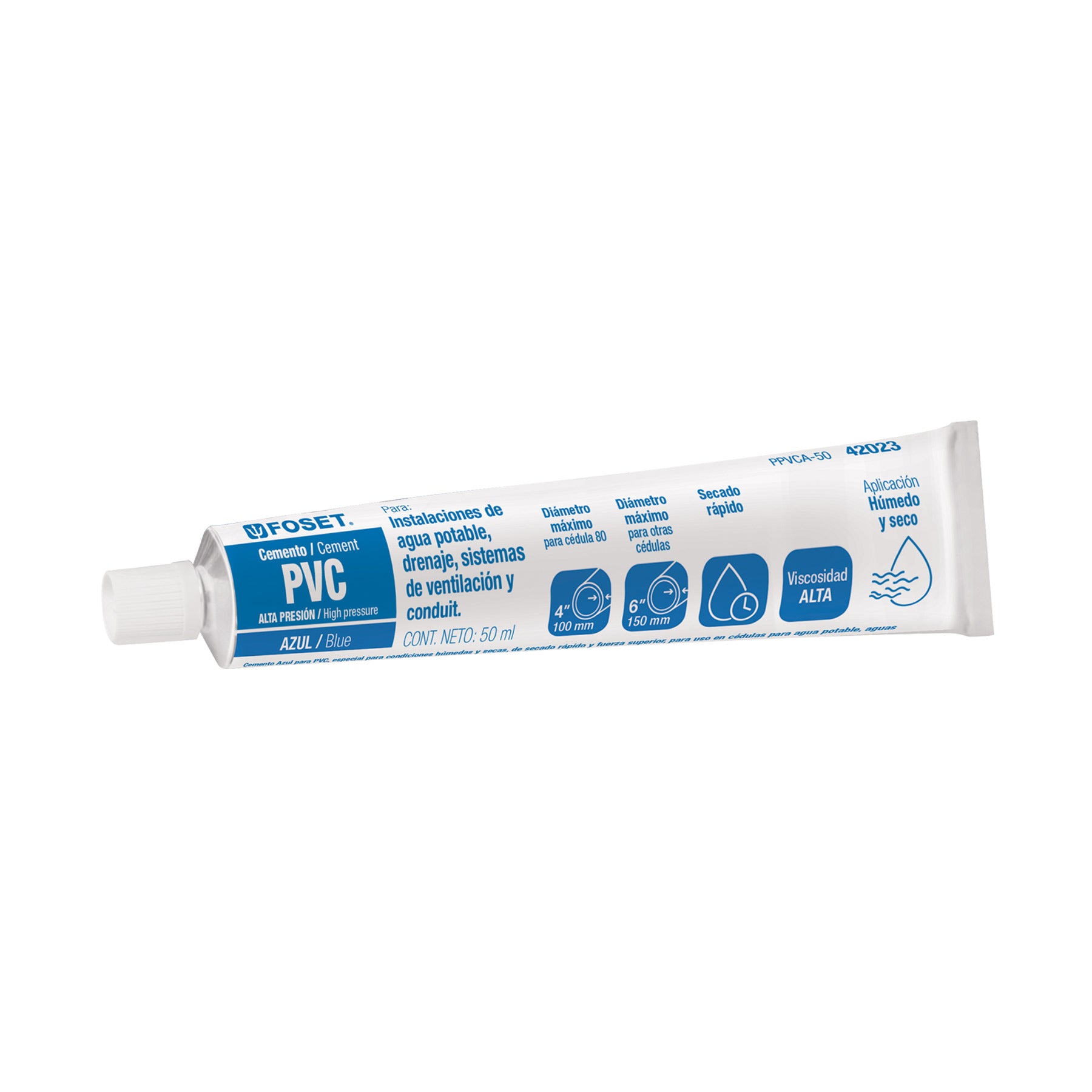 Cemento para PVC, azul, alta presión, tubo 50ml, Foset