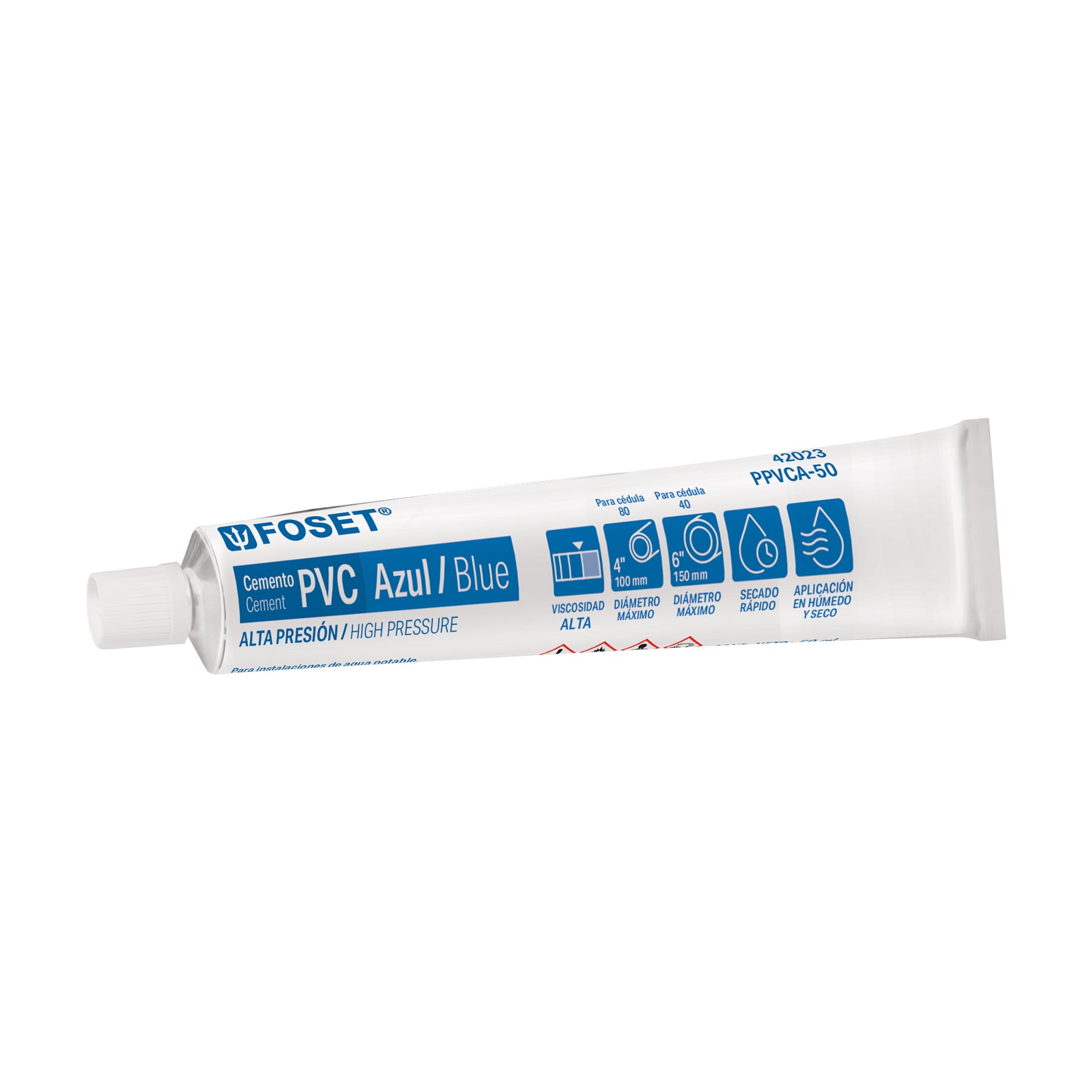 Cemento para PVC, azul, alta presión, tubo 50ml, Foset