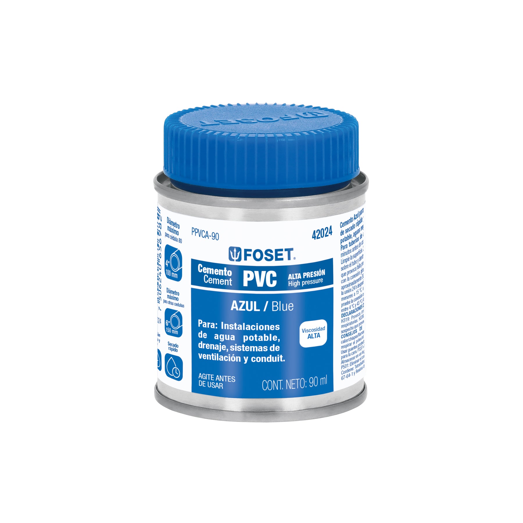Cemento para PVC, azul, alta presión, lata 90ml, Foset